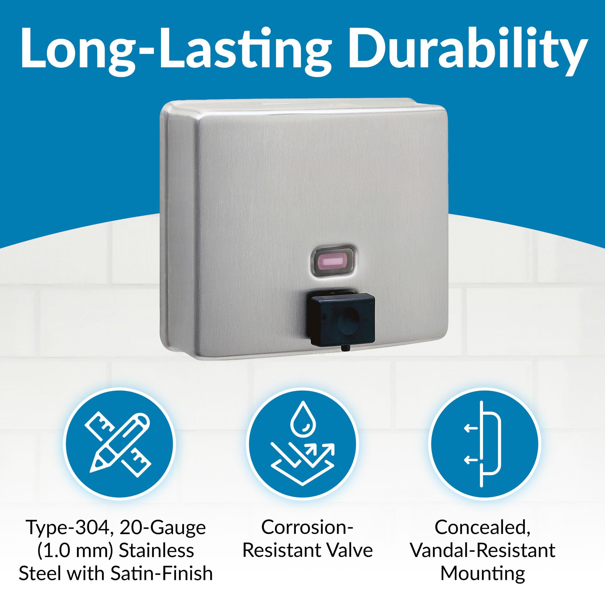 Bobrick B-4112 Wall-Mounted Liquid Soap Dispenser - 40oz Stainless Steel Commercial Soap Dispenser with Vandal-Resistant Design & Refill Indicator - Top Fill Soap Dispenser for Restrooms, Hospitals, Schools & Office Buildings