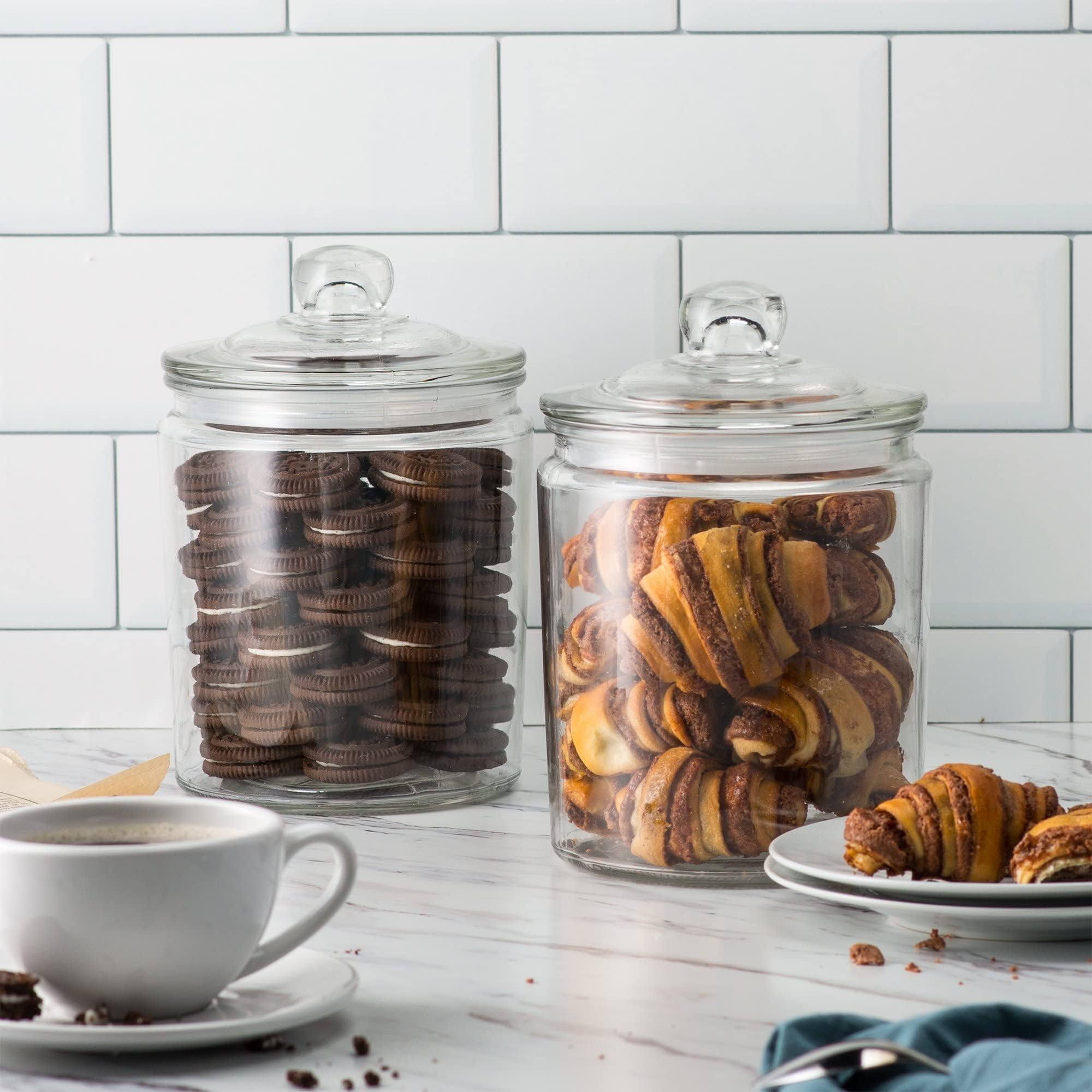 KooK 1/2 Gallon Glass Storage Containers with Airtight Lids - Set of 2, Clear Kitchen Jars for Food, Cookies & Dry Goods - Pantry Organization, Bathroom Apothecary Canisters - Dishwasher Safe with Chalkboard Labels & Scoops Included - Perfect for Baking Ingredients, Coffee Beans & Bathroom Storage