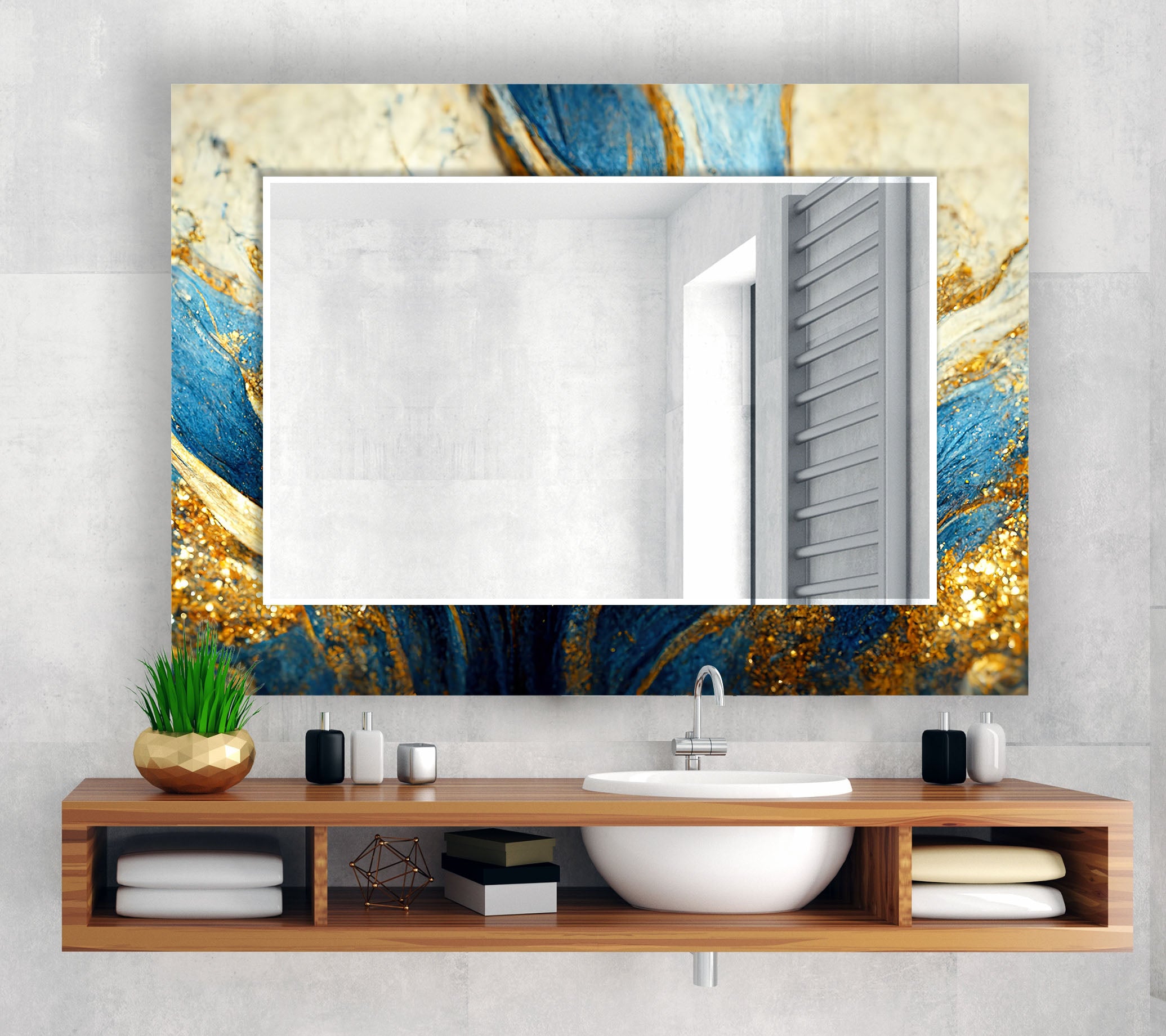 Blue & Gold Marble Glass Wall Mirror - Elegant Abstract Decor for Living Room, Bedroom & Entryway | Stylish Home Accent Piece for Modern Interiors