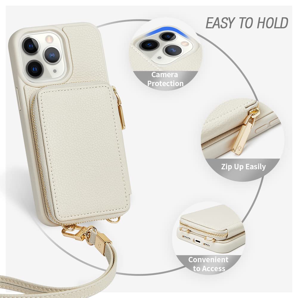 ZVE iPhone 11 Pro Max Wallet Case with Card Holder & Wrist Strap - RFID Blocking Leather Crossbody Phone Purse for Women (6.5 inch, 2019 Model, Beige) | Perfect for Shopping, Travel & Everyday Use