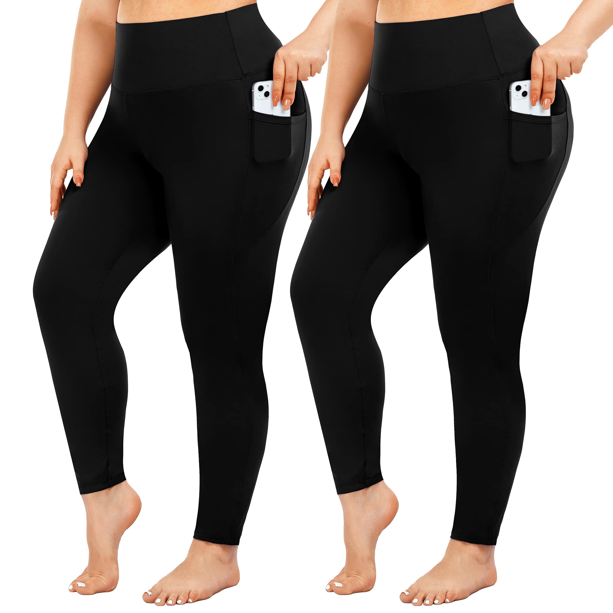 Plus Size Women's High Waist Yoga Pants with Pockets - 2 Pack Tummy Control Workout Leggings for Women | Black Compression Pants for Gym, Running & Casual Wear
