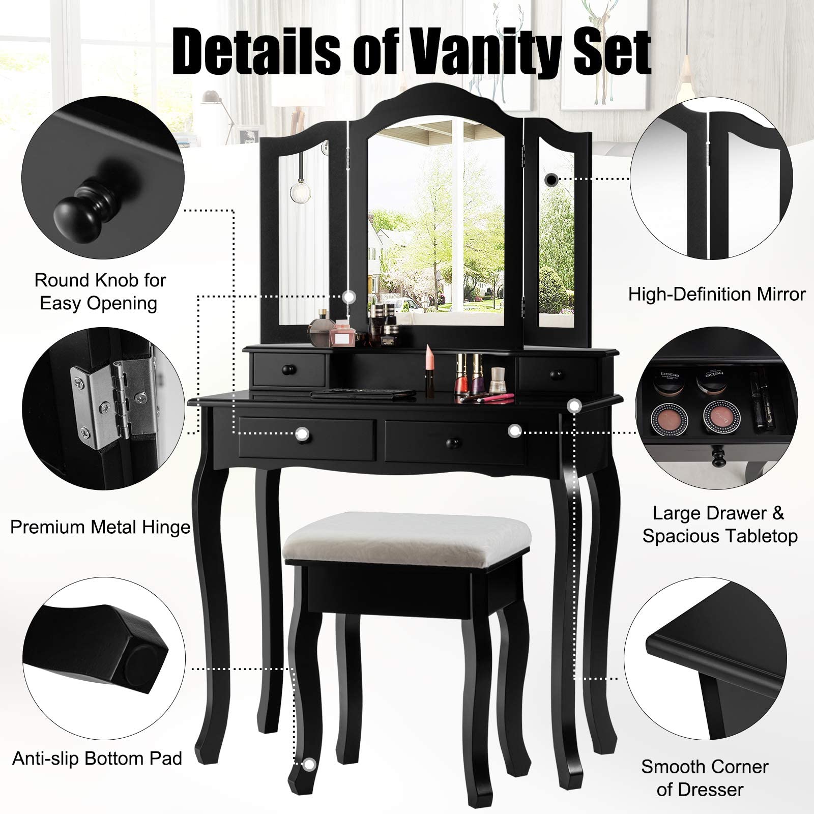MAT EXPERT Vanity Desk Set with Mirror and Drawer - Modern Dressing Table with Cushioned Stool & 4 Storage Drawers - Tri-Folding Mirror Makeup Vanity for Bedroom, Bathroom, Nursery - Perfect for Daily Beauty Routine & Home Decor (Black)
