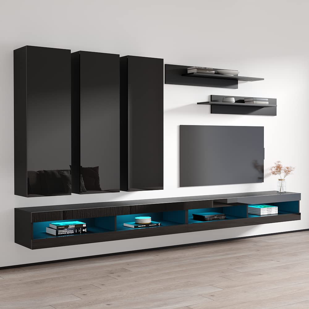 Modern Floating TV Stand with Storage & LED Lights - Wall Mounted Entertainment Center for Bedroom & Living Room - E1 34