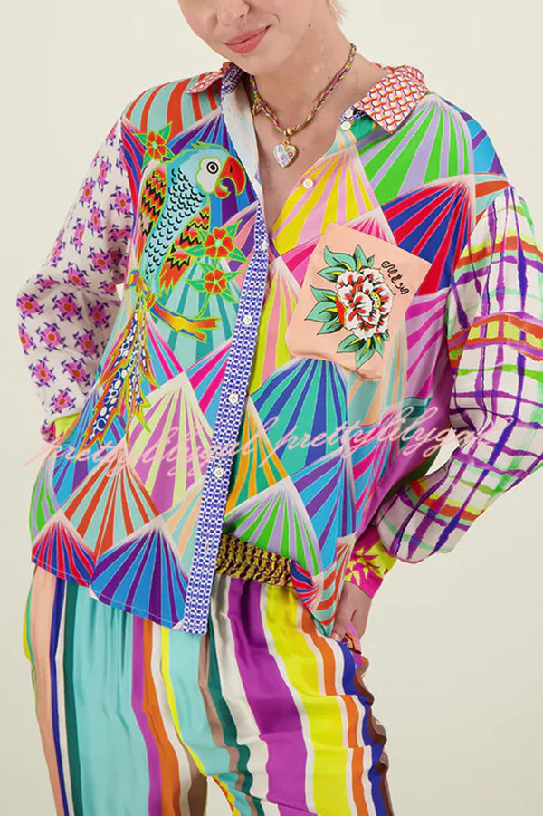 You Make Me Wonder Satin Colorful Unique Print Button Down Oversized Blouse - Stylish Women's Fashion Top for Casual Wear, Office & Date Nights