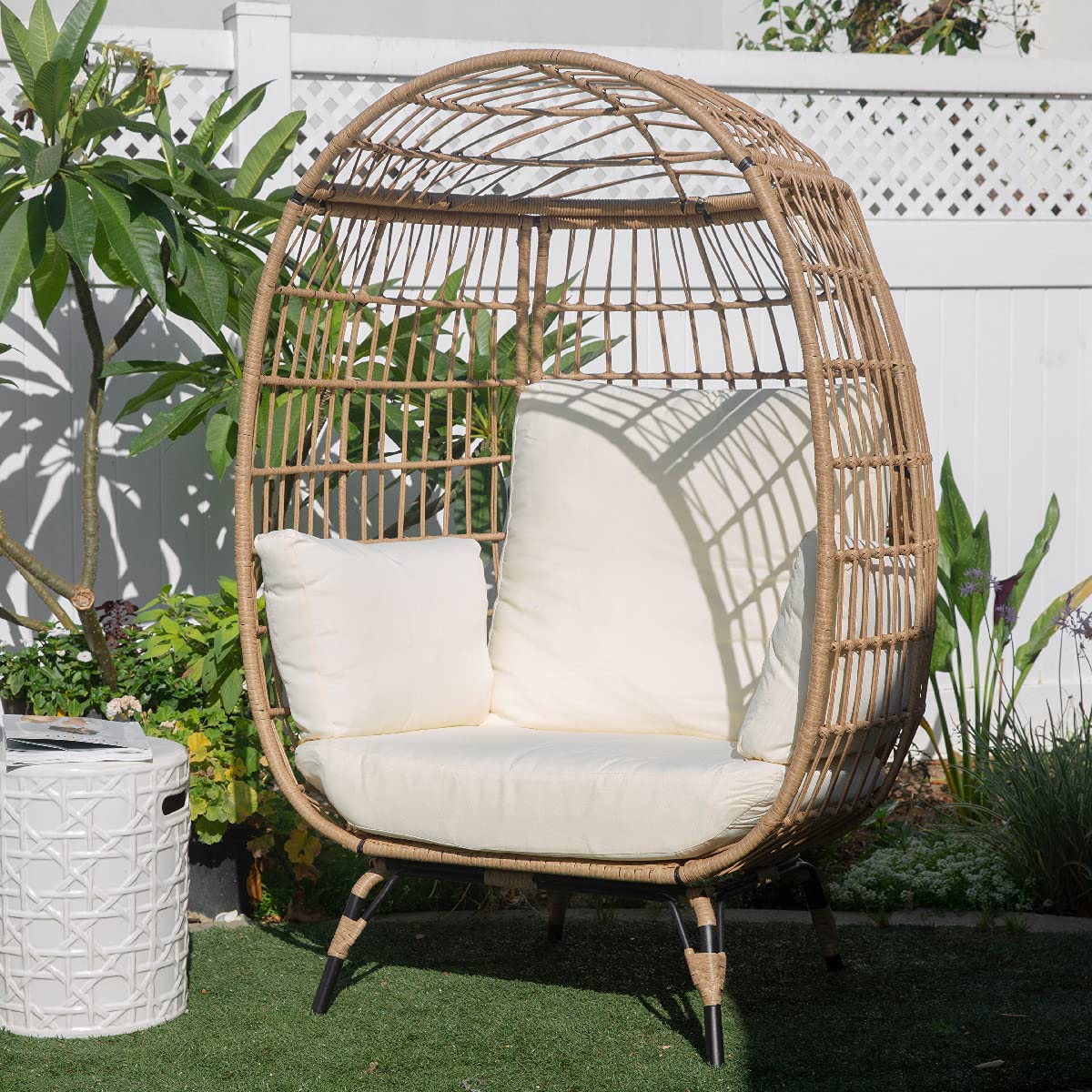 **Barton Oversized Egg Chair Cushion - Wicker Basket Chair with Canopy, Stationary Egg Seat for Patio, Outdoor Lounge, Garden, or Balcony - Beige**