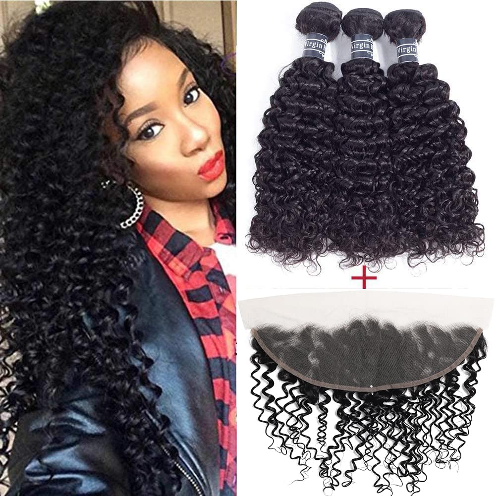 Amella Hair 8A Unprocessed Brazilian Curly Hair Bundles with Frontal - 100% Human Hair Weave (3 Bundles + 16