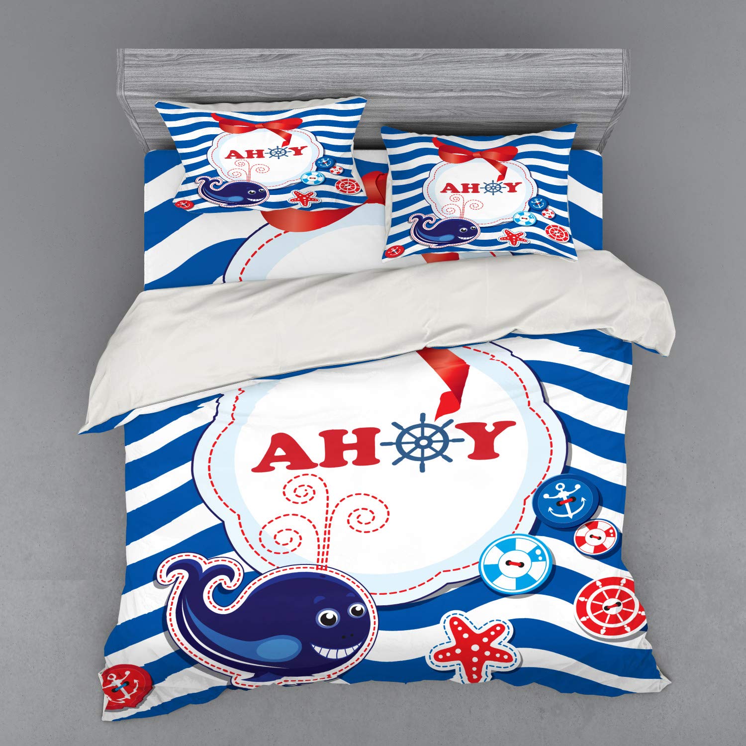 Ambesonne Cartoon Duvet Cover Set - Marine Themed Ahoy Lettering with Whale Design, 4 Piece Bedding Set Includes Shams & Fitted Sheet, King Size, Cobalt Blue & Vermilion - Perfect for Kids' Rooms, Nautical Themed Bedrooms & Coastal Decor