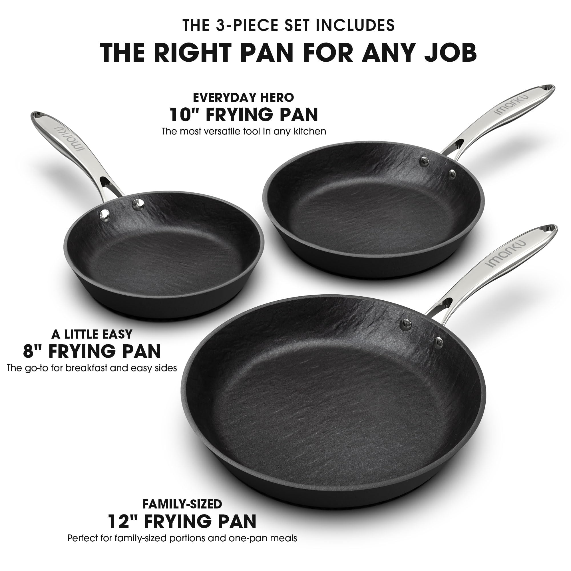 IMARKU Nonstick Frying Pan Set - 8, 10 & 12 Inch PFAS-Free Skillets with Cool-Touch Stainless Steel Handle, Dishwasher & Oven Safe, Easy Clean Cookware for Home Kitchen - Perfect Gift for Chefs & Cooking Enthusiasts (Great for Sautéing, Frying Eggs & Pancake Making)