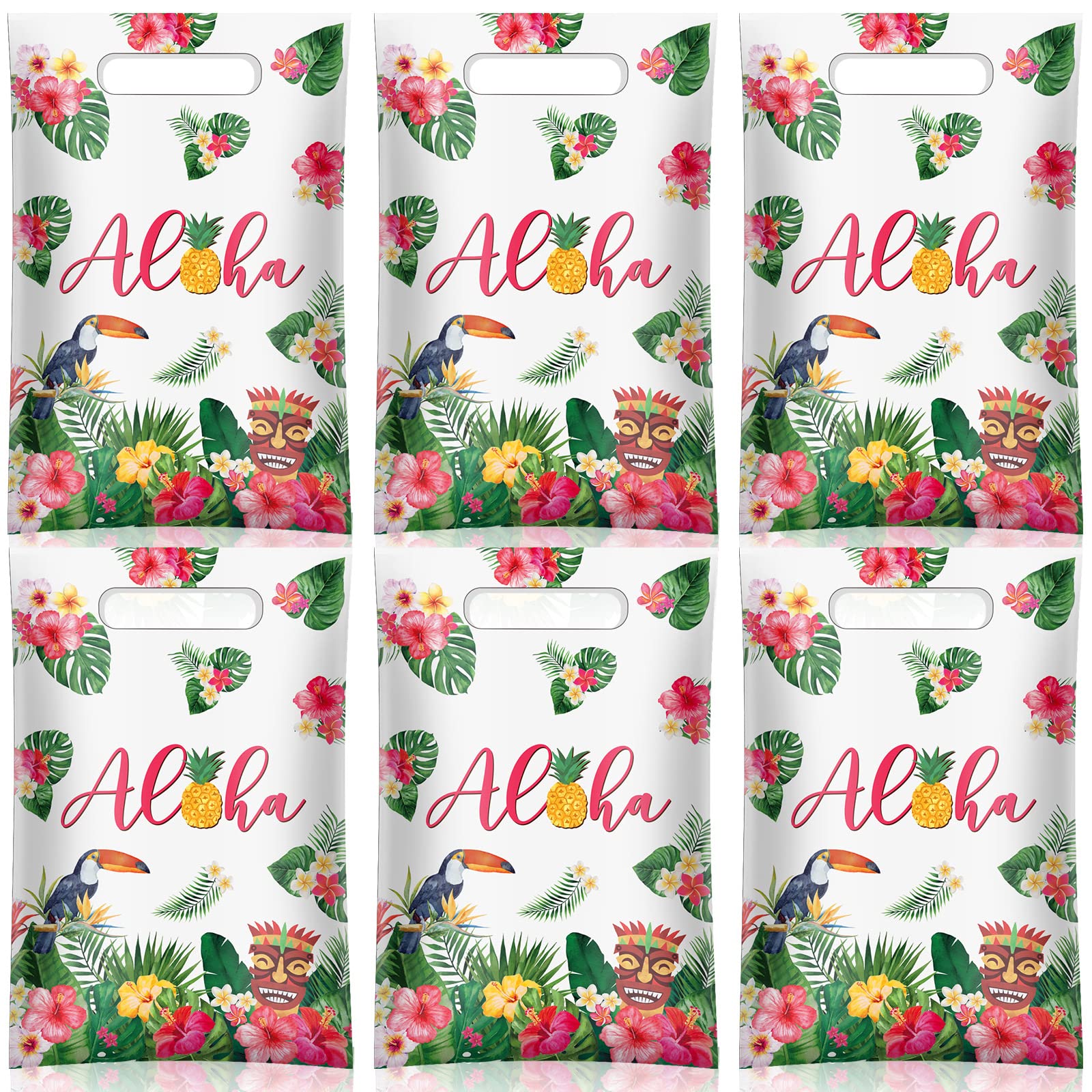 PerKoop 100 Pcs Hawaiian Plastic Gift Bags with Die-Cut Handles - Tropical Aloha Party Supplies for Summer Luau, Tiki Theme & Beach Celebrations | Perfect for Hawaiian-Themed Parties, Luau Favors & Tropical Decorations