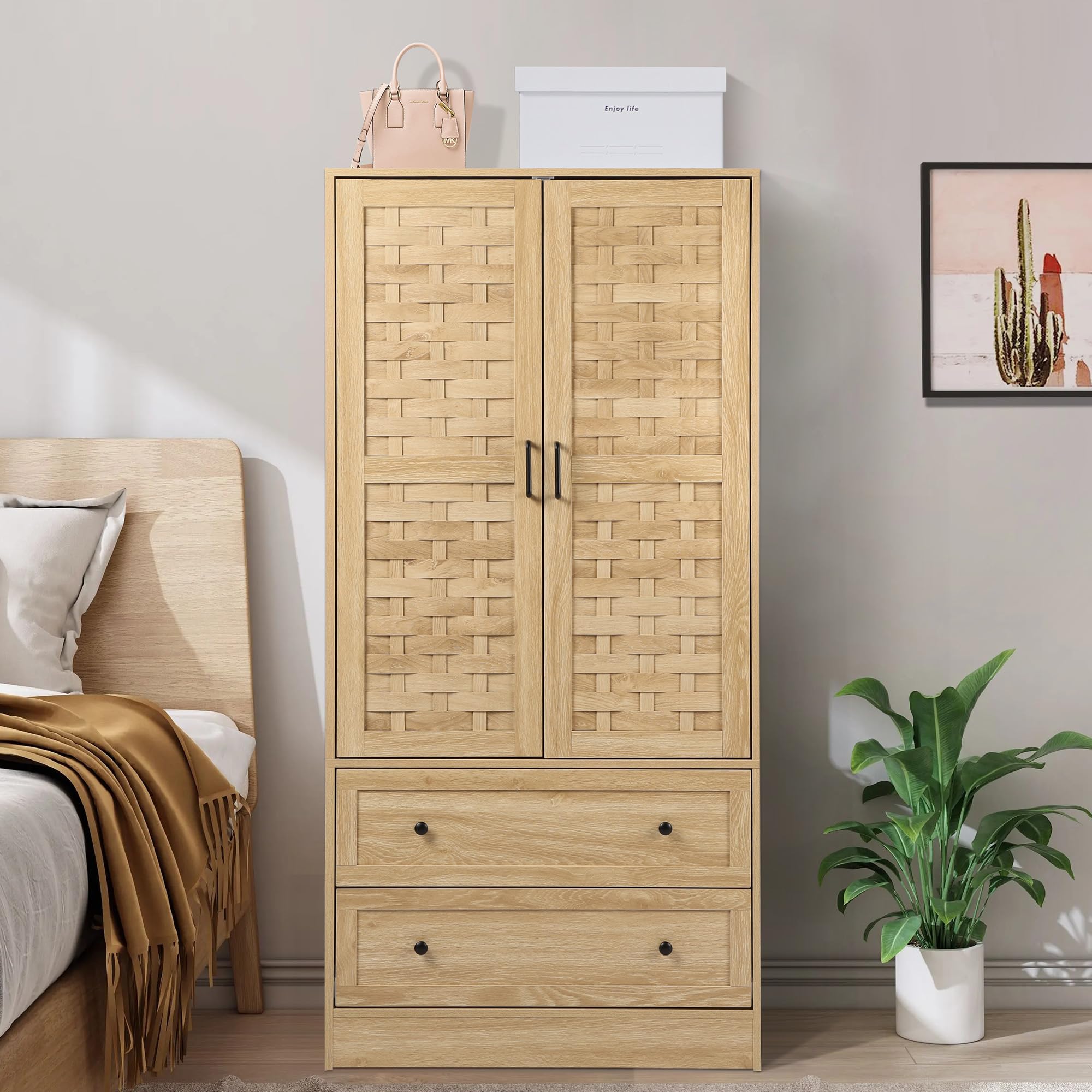 LEVNARY Armoire Wardrobe Closet - Freestanding Oak Cabinet with 2 Woven Doors, 2 Storage Drawers & Hanging Rail | Perfect for Bedroom, Guest Room or Dorm Organization & Clothes Storage (Natural Oak Finish)