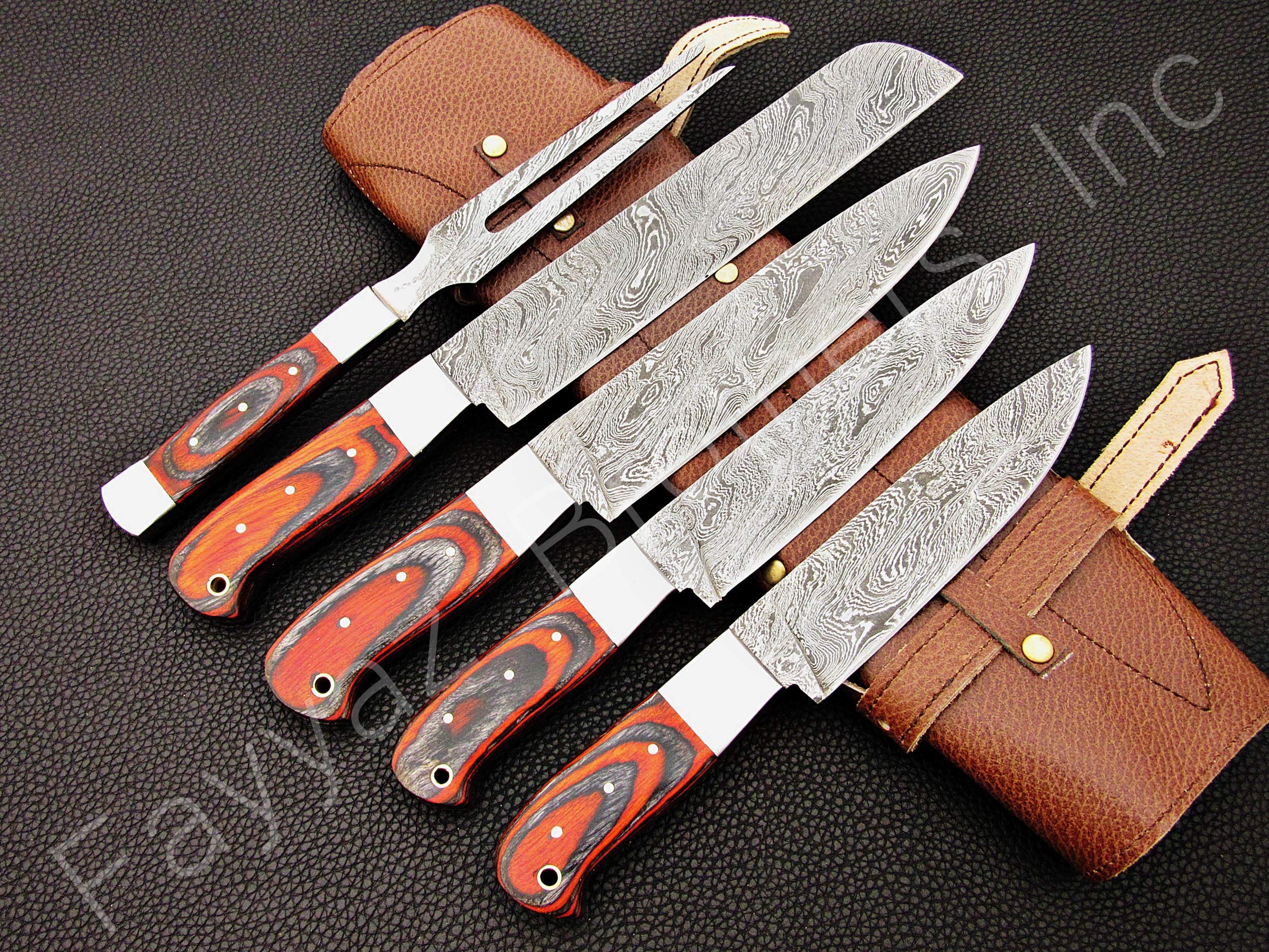Premium Handmade Damascus Steel Kitchen Knives Set - 5-Piece Chef Knife Collection with Black & Red Wood Handle (FBK-1080) - Perfect for Professional Chefs, Home Cooking & Gourmet Gift Giving