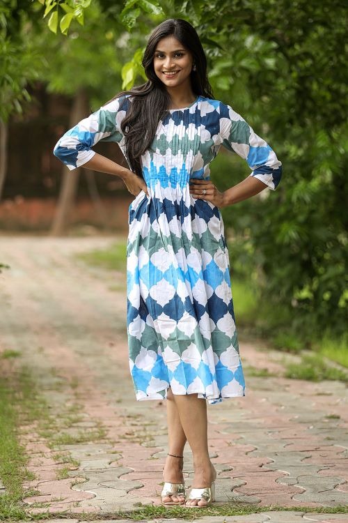 Handmade Cotton Block Printed Dress in Azure Blue - Perfect for Summer Outfits, Beach Vacations & Boho Fashion