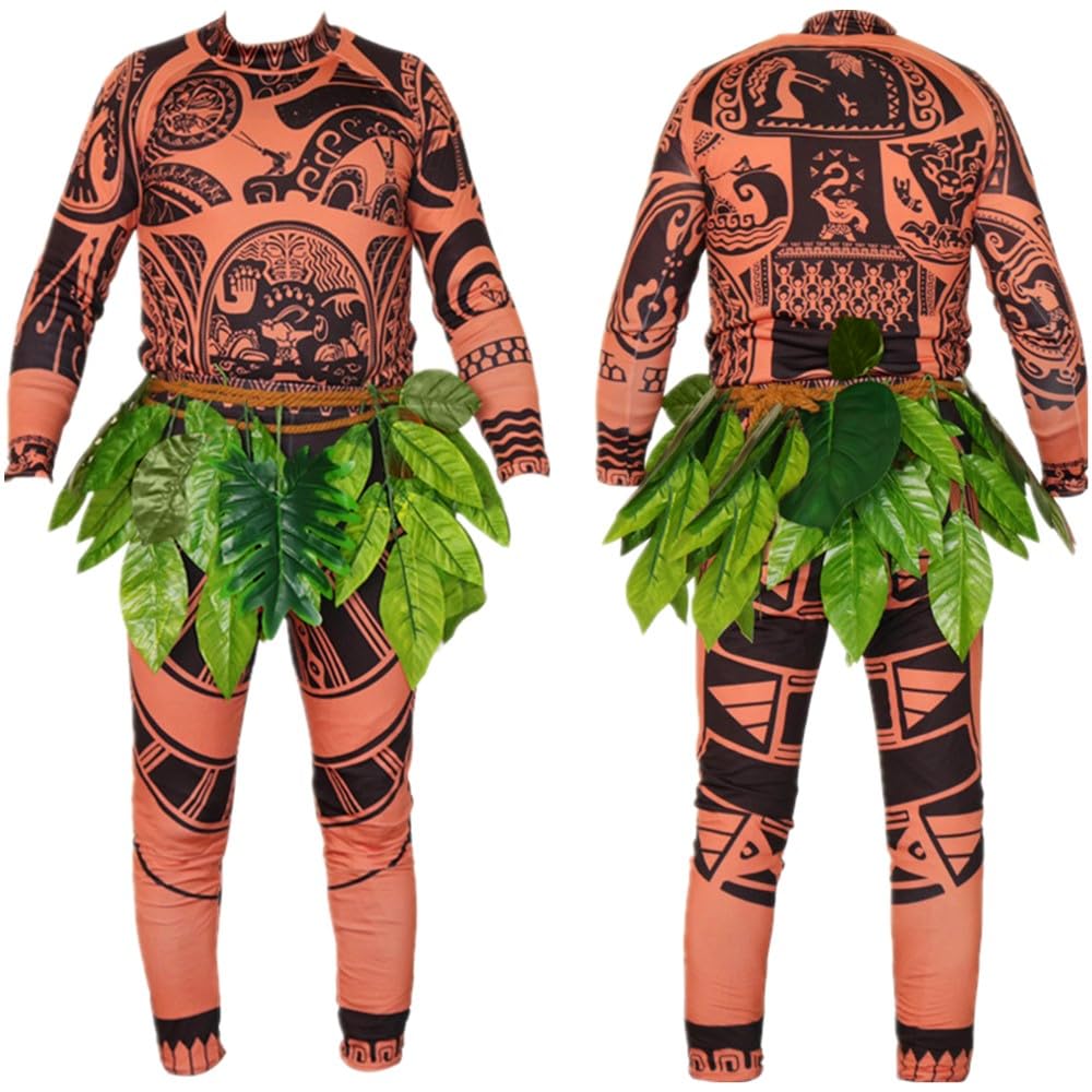 Trendy Tattoo Print T-Shirts & Pants Set for Men and Women - Gothic Cosplay Outfit with Leaf Skirt | Perfect for Halloween, Comic Con & Themed Parties