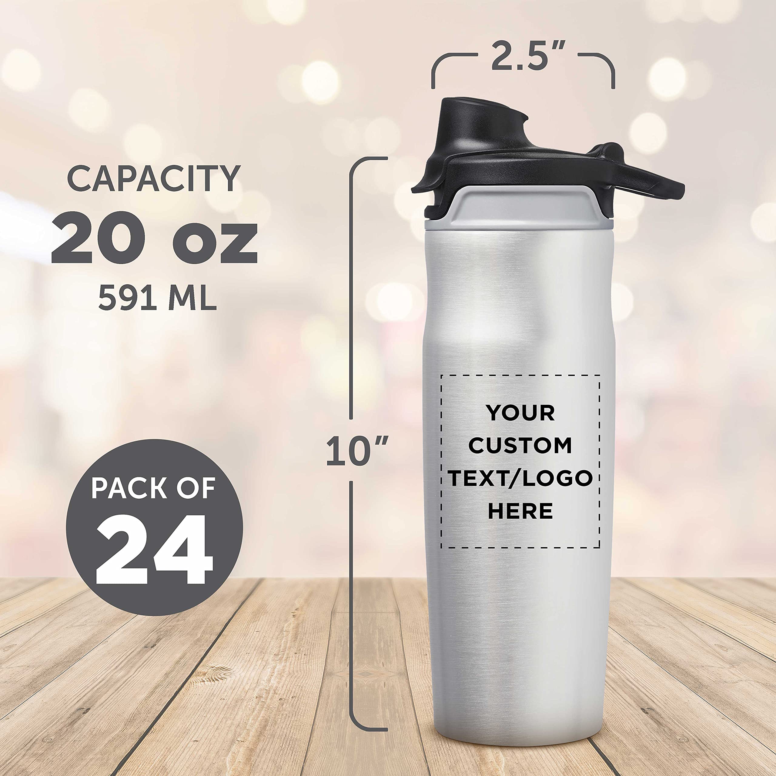 Custom 20 oz Juno Water Bottles with Flip Lid - Bulk Pack of 24, Personalized Reusable Stainless Steel Bottles for Gym, Hiking, Cycling & School - Silver | Perfect for Team Sports, Corporate Gifts & Outdoor Adventures