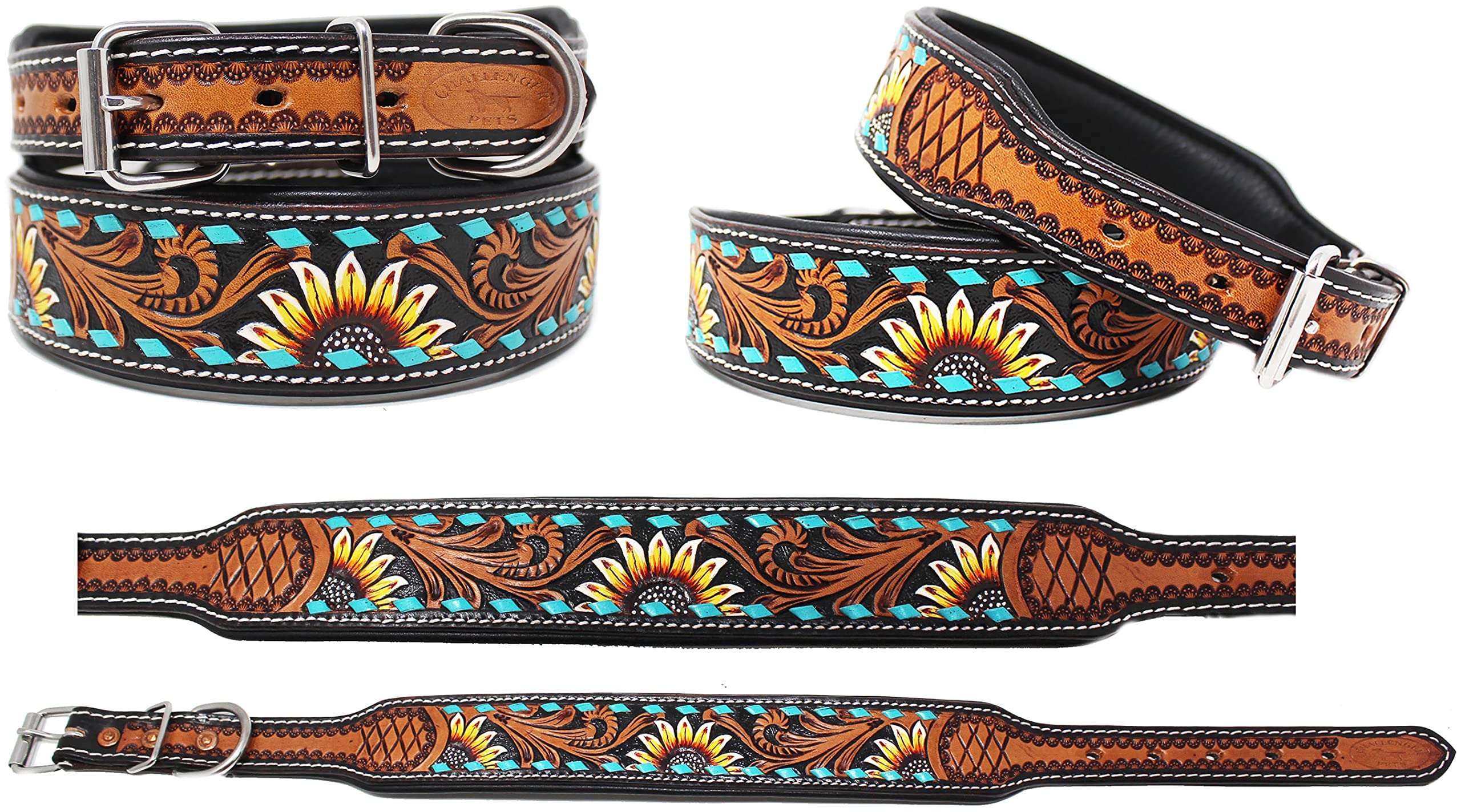 Sunflower Tooled Padded Leather Dog Collar for Small & Medium Dogs - Adjustable Pet Collar with Soft Padding for Comfort - Perfect for Daily Walks, Training & Outdoor Adventures