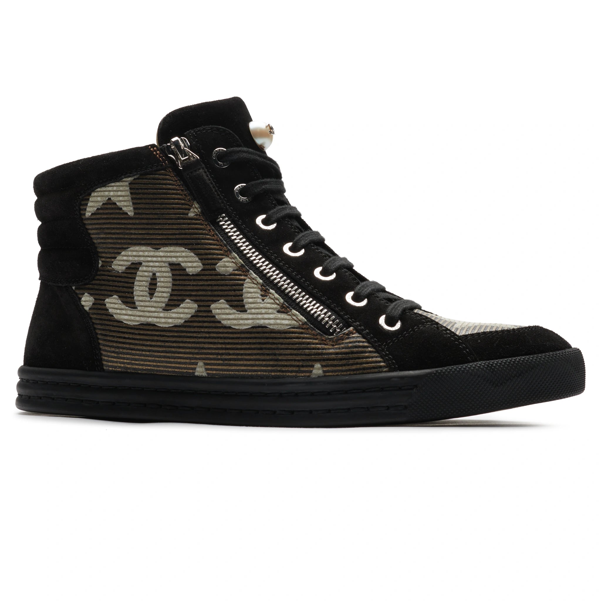 Chanel CC Star Suede Mesh Black High Top Sneakers - Authentic Pre-Owned Luxury Shoes for Women | Perfect for Casual Outfits, Street Style & Fashion Events