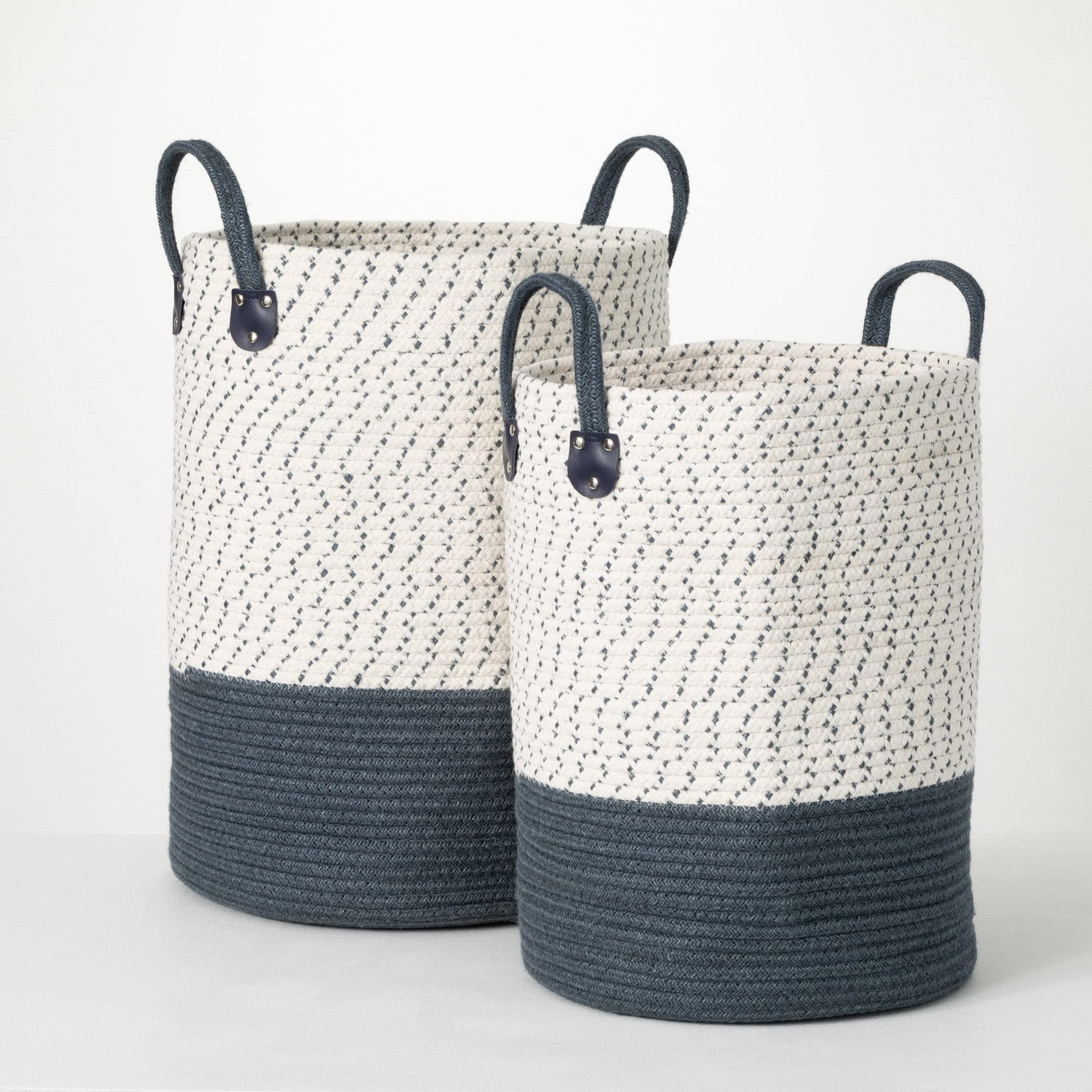 Indigo White Canvas Baskets Set of 2 - Grey Rattan Storage Bins for Home Organization, Nursery, or Bathroom Decor