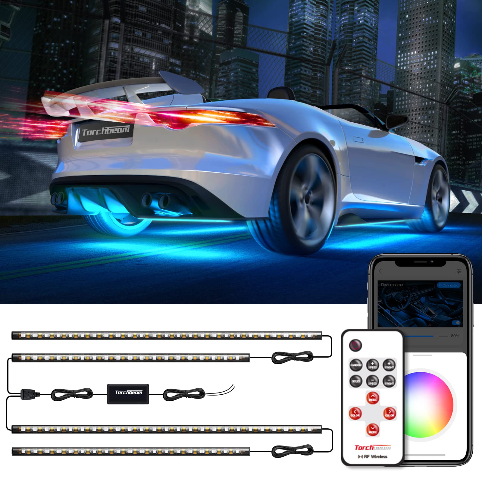 Torchbeam RGB Underglow LED Light Kit for Cars & Trucks - 16 Million Colors, App & Remote Control, Waterproof Exterior Car Lighting with Music Sync - Perfect for ATV, UTV, Night Driving & Car Shows