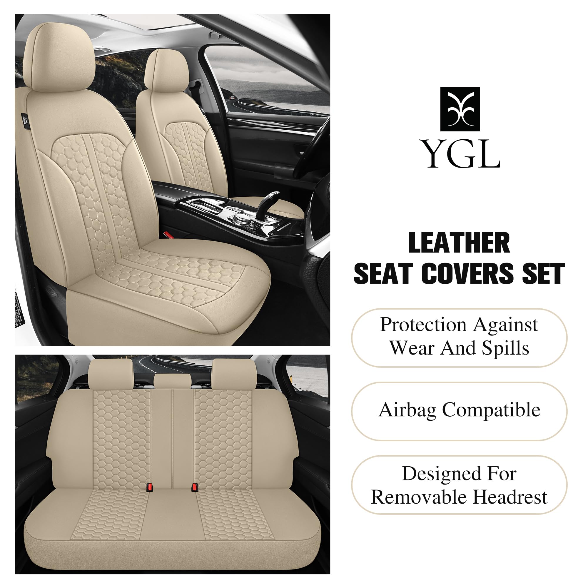Premium YGL PU Leather Car Seat Covers Full Set - Waterproof, Anti-Stain Interior Protector for Cars, Trucks, Vans, SUVs & Pickups | Airbag Compatible | Luxury Beige Design | Perfect for Daily Commute, Road Trips & Vehicle Protection