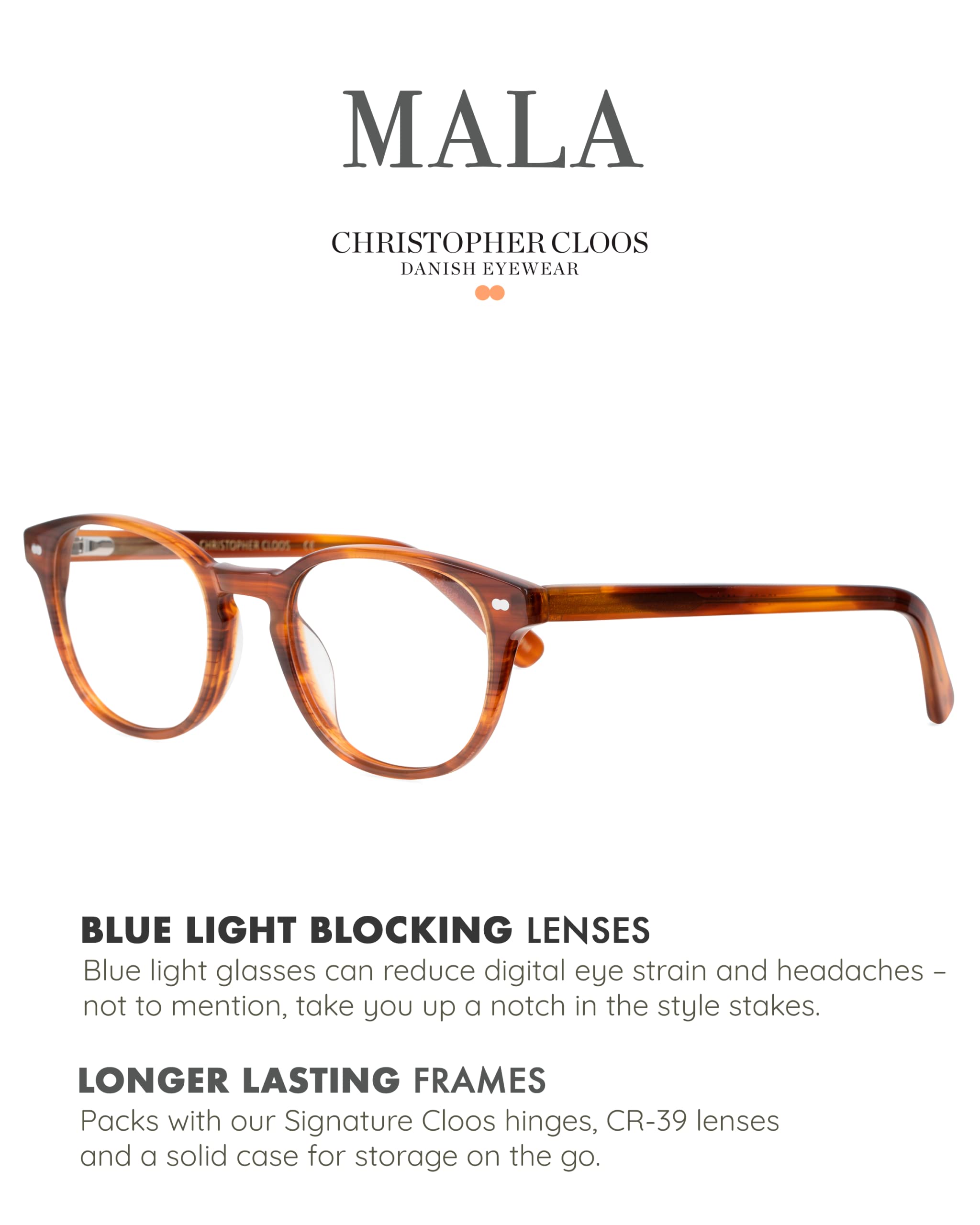Christopher Cloos Mala Bourbon Blue Light Blocking Glasses - Danish Designer Unisex Computer Eyewear for Men & Women (Non-Prescription/Prescription Ready) - Perfect for Office Work, Gaming & Digital Screen Protection