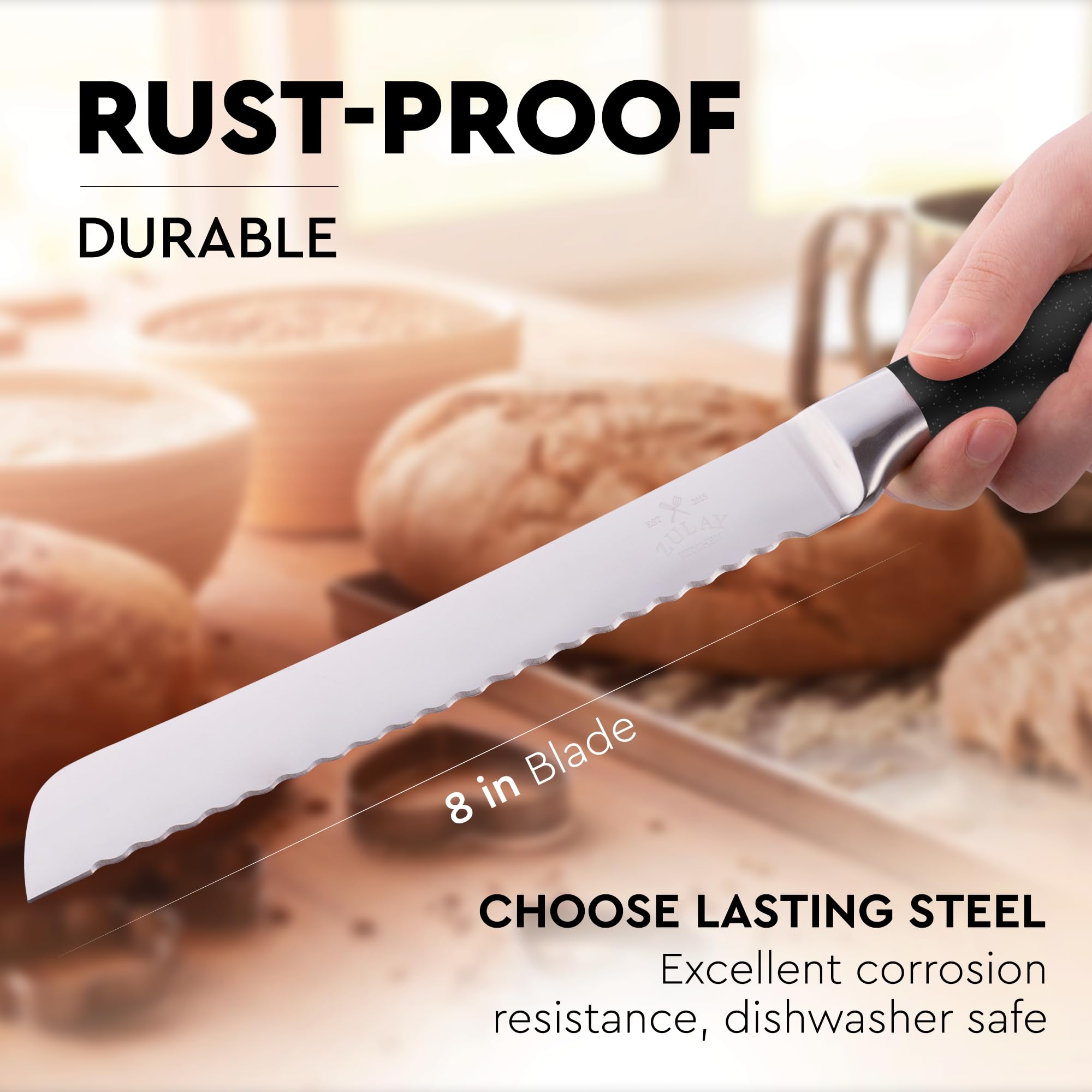 Zulay Premium 8-Inch Serrated Bread Knife - Stainless Steel Blade for Slicing Homemade Bread, Cake, Bagel - Ergonomic 5-Inch Handle with Safety Tip Guard - Perfect for Bakeries, Kitchens & Gift Giving