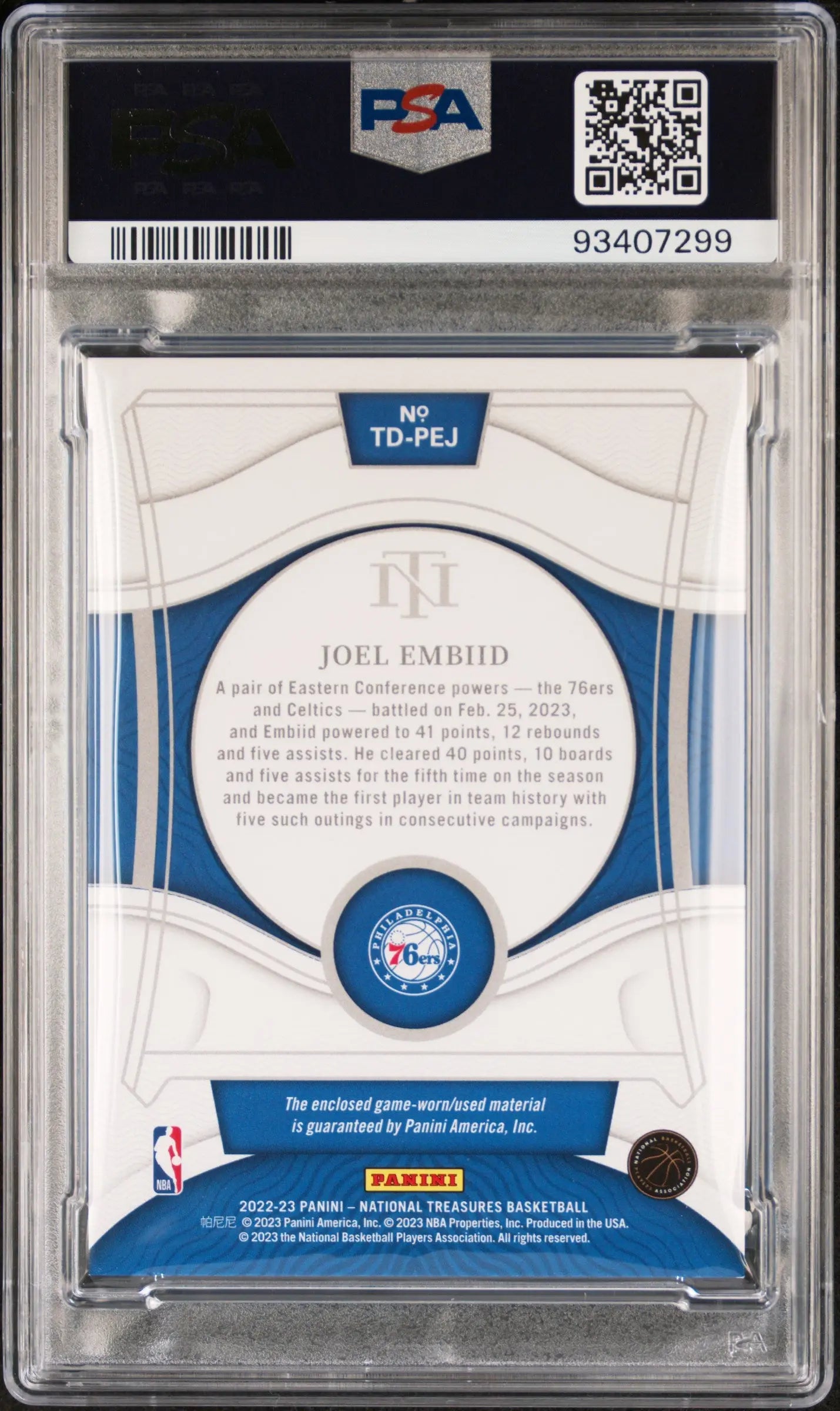 2022 Panini National Treasures PSA 9 Joel Embiid Treasured Threads Prime 12/25 - Rare Basketball Trading Card for Collectors & Investors - Perfect for Display, Gifts, and Sports Memorabilia Collections