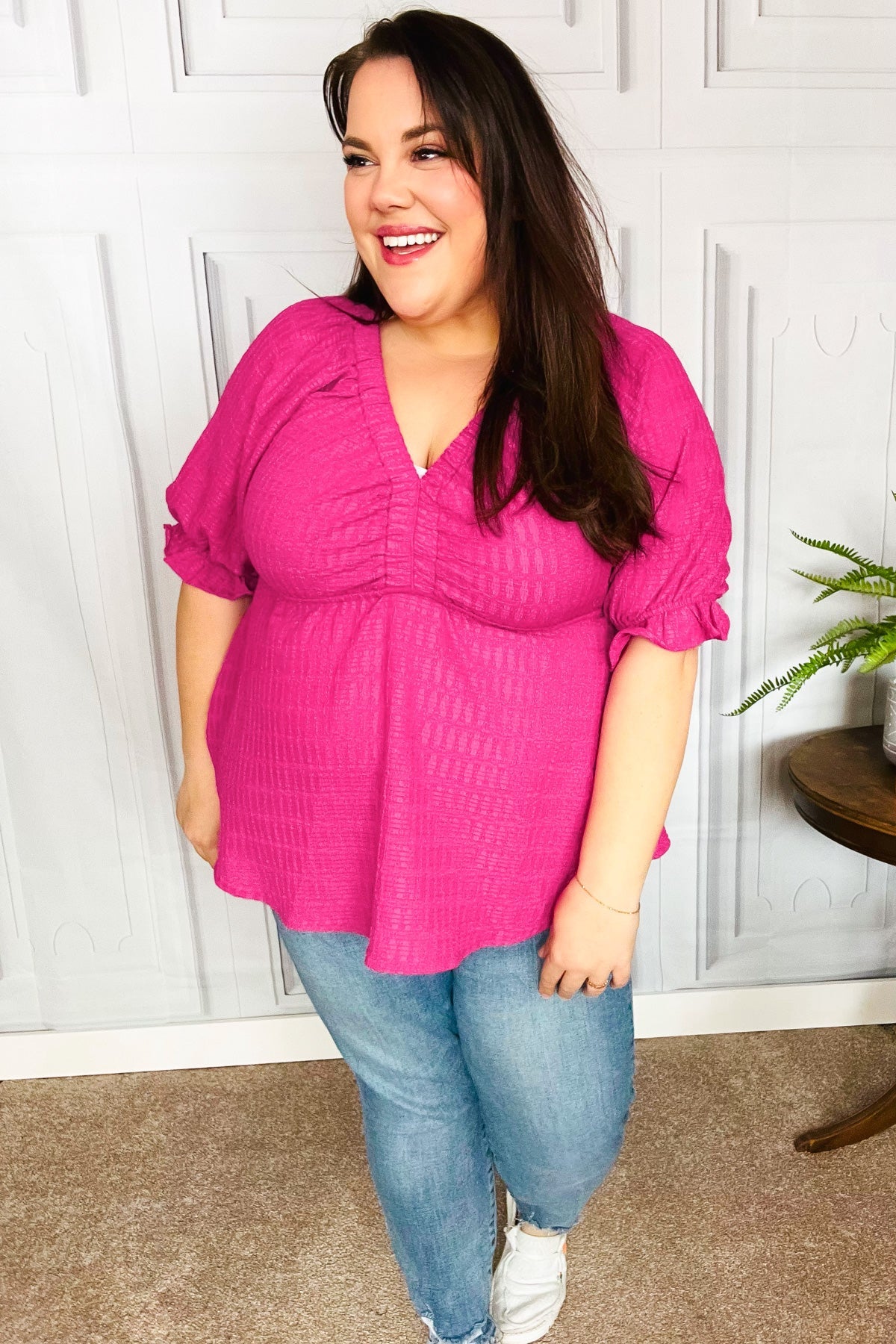 Fuchsia Textured V-Neck Babydoll Top for Women - Sexy Lace Trim Cami Blouse for Date Night & Party Outfits