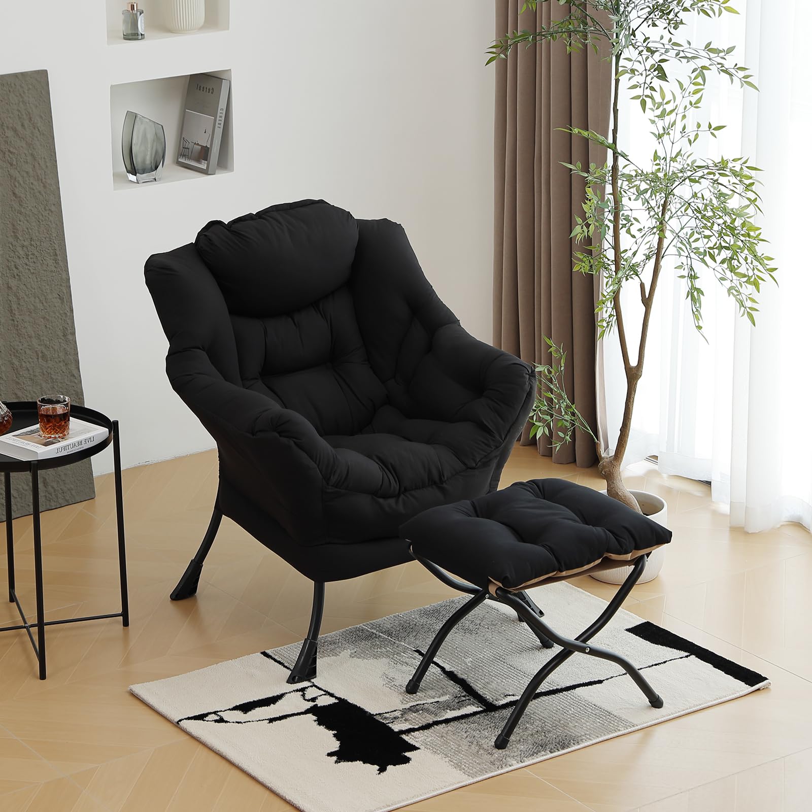 Modern Lazy Chair with Ottoman - Folding Footrest Lounge Accent Chair for Living Room - Comfortable Reading Recliner Chair (Black) - Perfect for Relaxing, Napping & Home Office Use