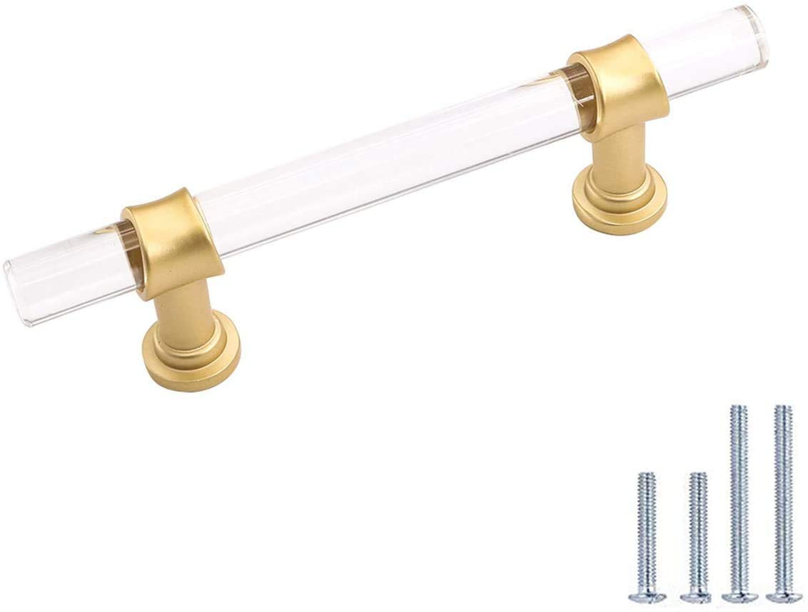 25 Pack 5 Inch Gold Brushed Brass Cabinet Pulls - Acrylic Drawer Handles with Zinc Alloy Hardware for Kitchen Cabinets, Dressers & Cupboards - Perfect for Home Renovation and Furniture Upgrades