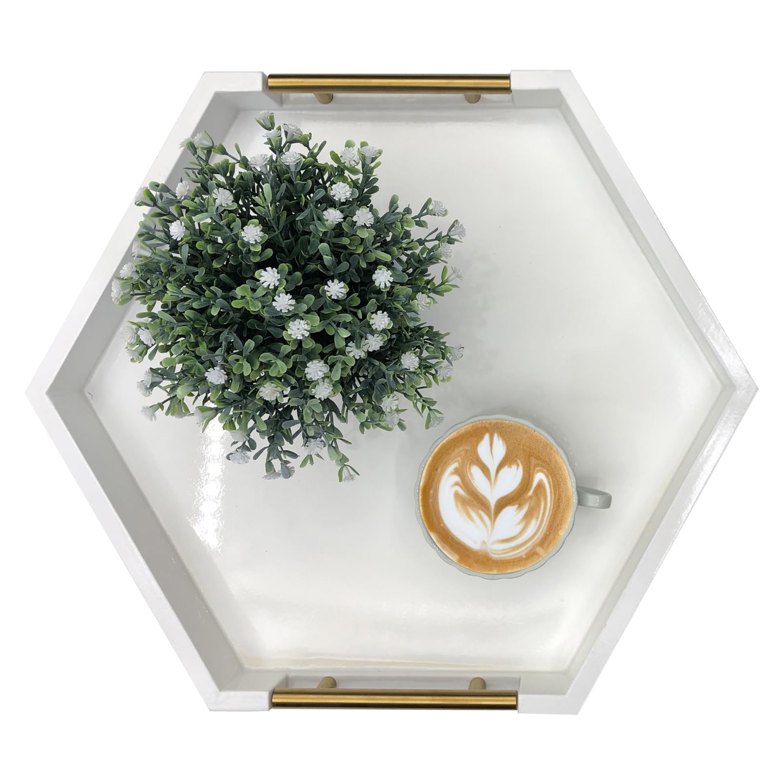 Hexagon Serving Tray with Polished Metal Handles - Modern Rectangle Coffee Table Tray for Living Room - Large Ottoman Storage Tray for Home Decor, Display & Organization (White) - Perfect for Coffee Tables, Sofa Trays & Bedside Organization