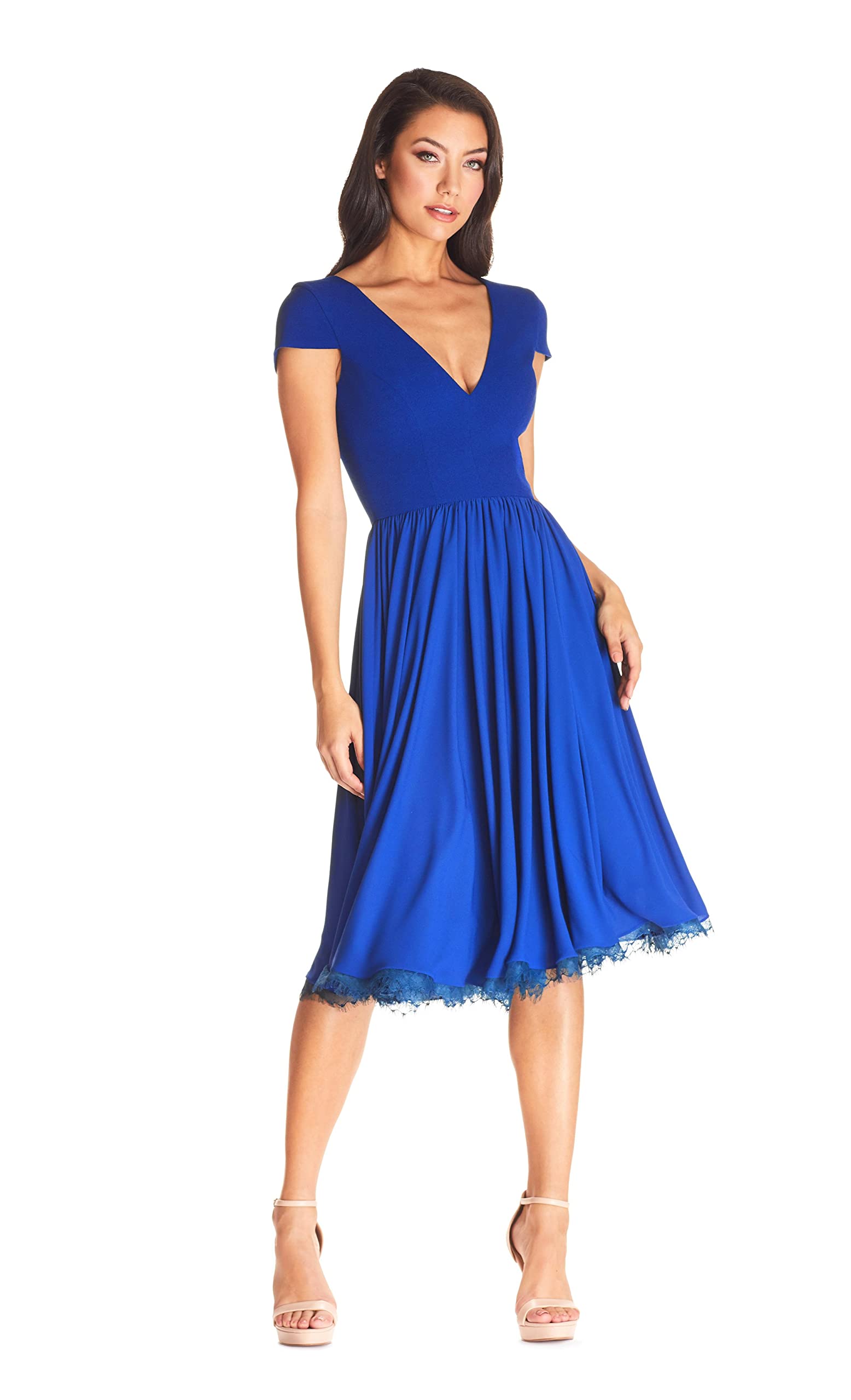 Dress the Population Women's Corey Plunging V-Neck Mixed Media Cap Sleeve A-Line Midi Dress for Cocktail Party & Evening Occasions