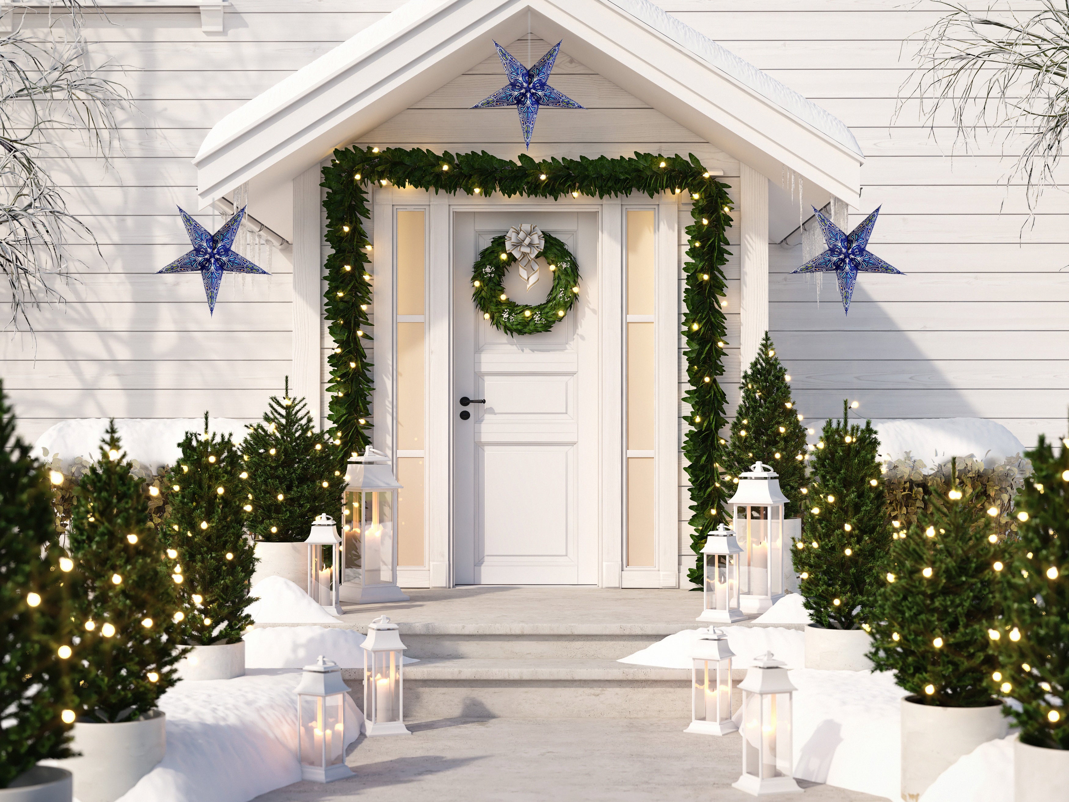 3 Pack 24 Inch Blue Aura Glow Glitter Paper Star Lantern with Triple Pendant Light - Party Decor, Wedding Centerpiece, Bedroom Lighting, Outdoor Patio Hanging Decorations