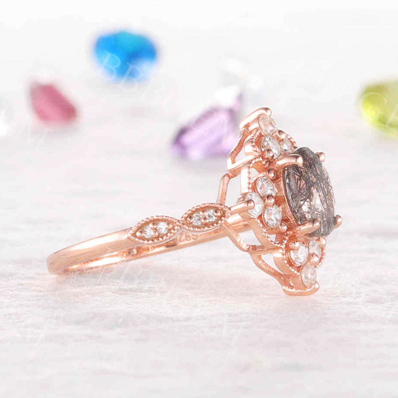 Vintage Black Rutilated Quartz Engagement Ring - Milgrain Filigree Leaf Flower Design - 925 Sterling Silver Wedding Band - Perfect for Romantic Proposals, Anniversary Gifts & Boho Bridal Jewelry