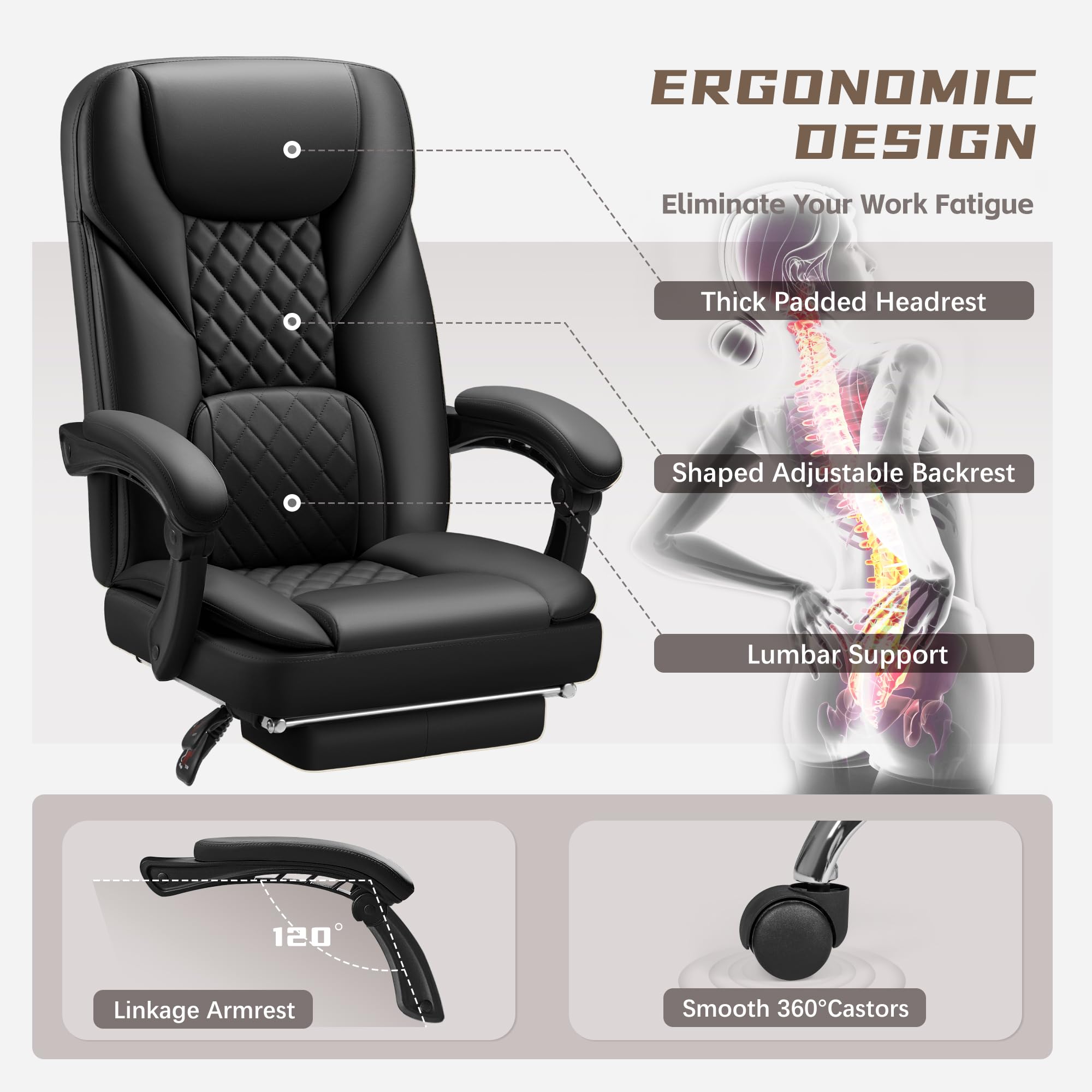 Furmax Ergonomic High Back Office Chair with Footrest - 400lbs Weight Capacity, 90-155° Reclining Leather Executive Desk Chair, Swivel Task Chair with Wheels (Black) - Perfect for Home Office, Gaming & Computer Workstations