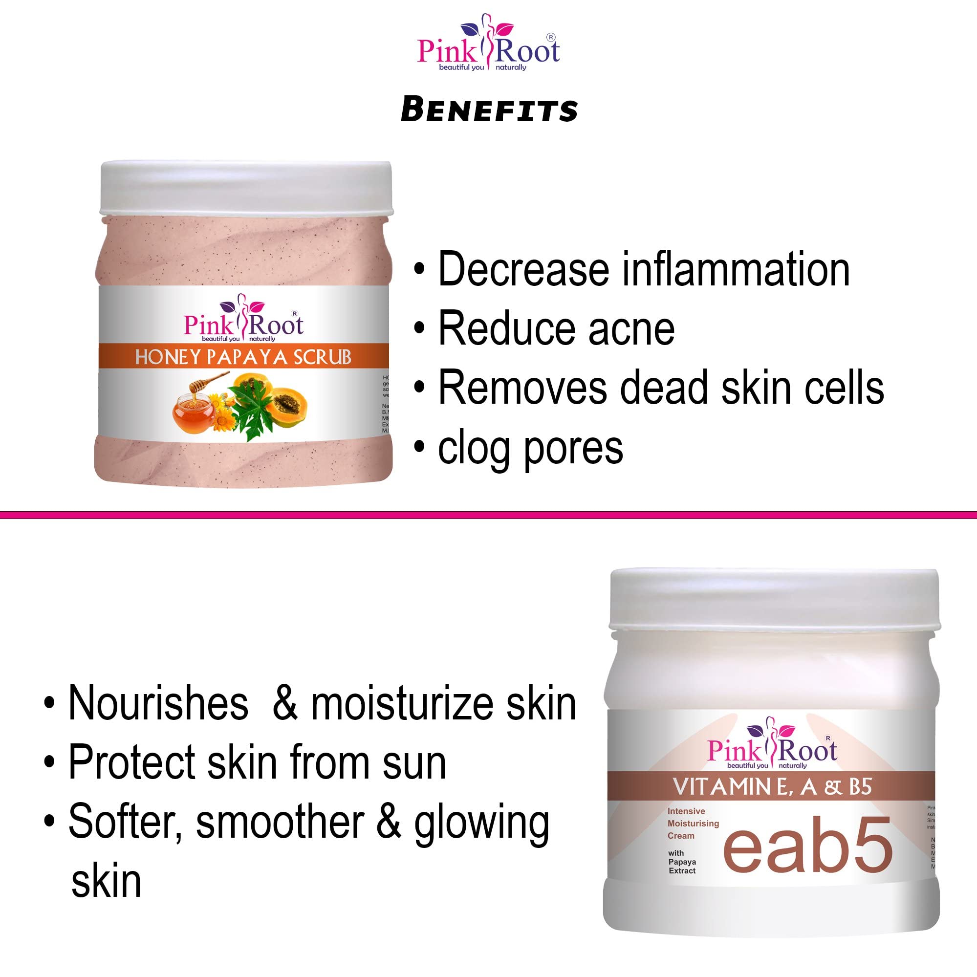Organic Pink Root Honey Papaya Scrub & Vitamin Cream Set - 500ml Each | Exfoliating & Moisturizing for Glowing Skin | Perfect for Spa Day & At-Home Skincare Routine