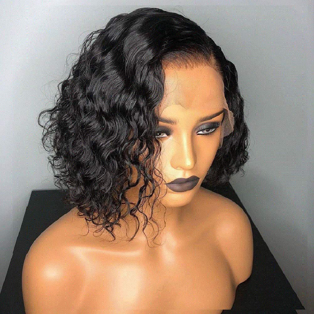 13x4 Lace Front Wig Human Hair - Brazilian 9A Curly Short Bob Wig with Pre-Plucked Fake Scalp & Glueless Design | 10