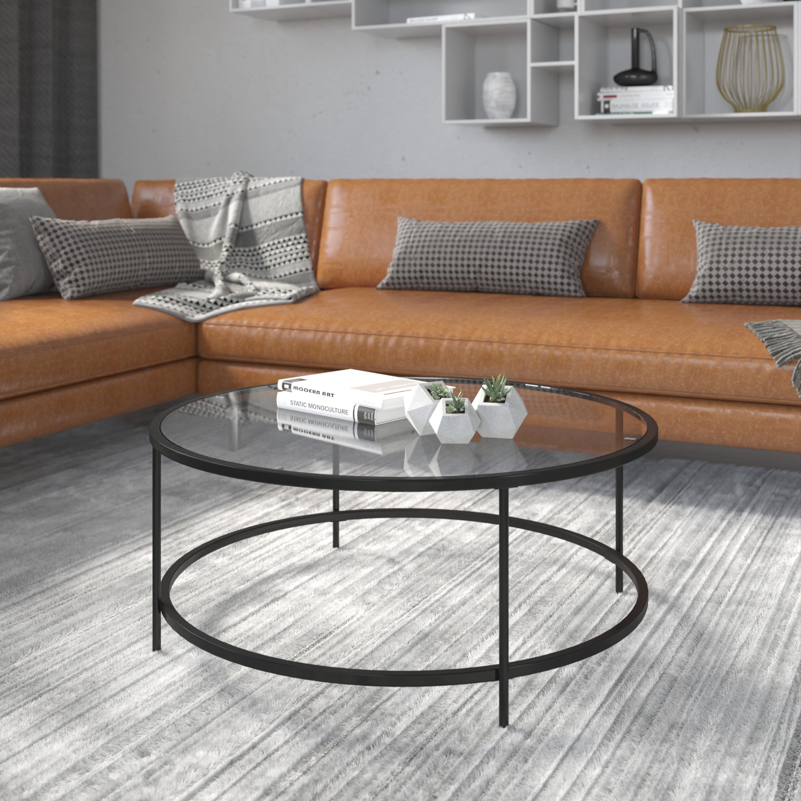 Astoria Collection Round Coffee Table - Modern Clear Glass Top with Matte Gold Frame - Perfect for Living Room, Lounge & Office Decor