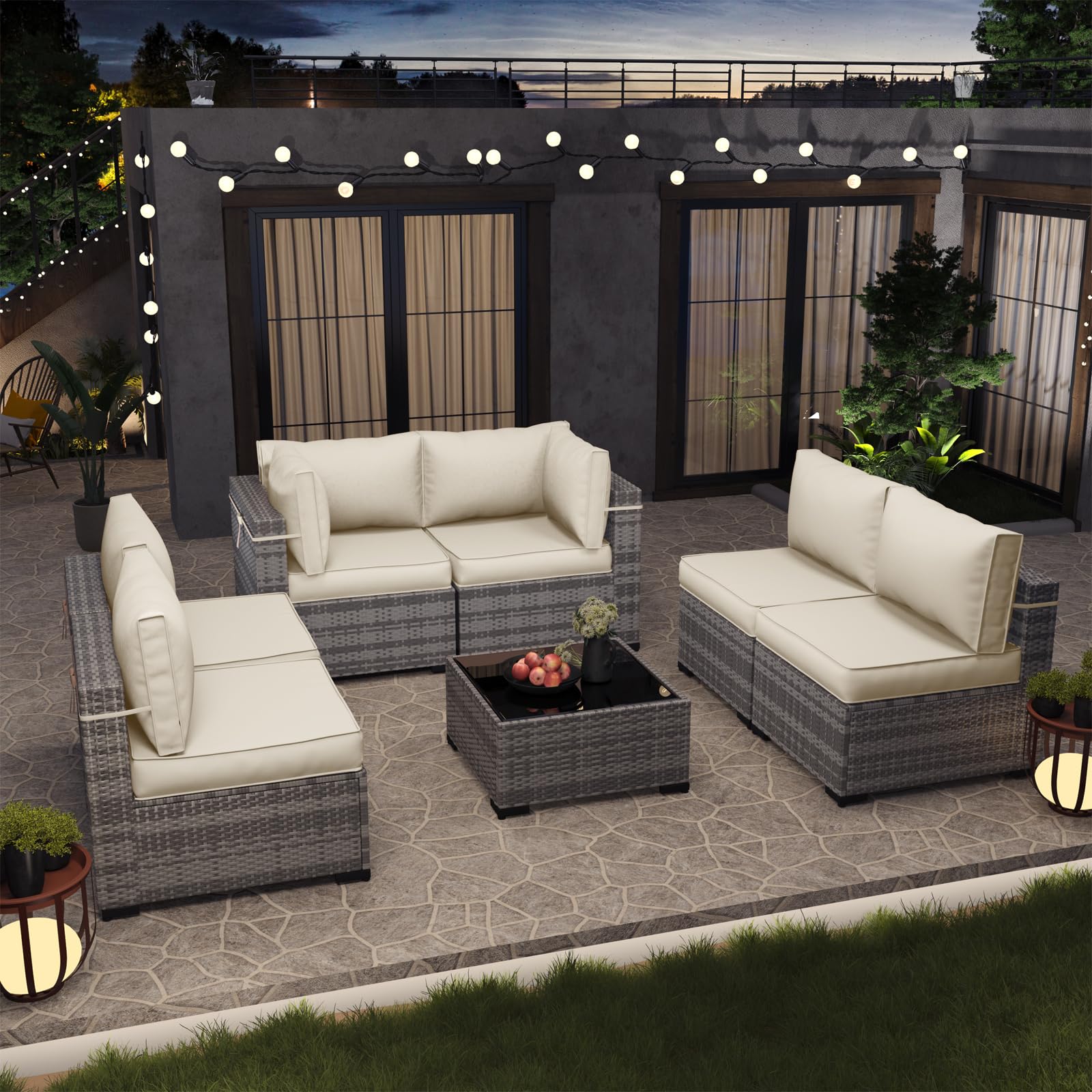 7-Piece Modular Outdoor Patio Furniture Set with Coffee Table - Waterproof Wicker Sectional Sofa Couch for Backyard, Balcony, Garden & Poolside Relaxation
