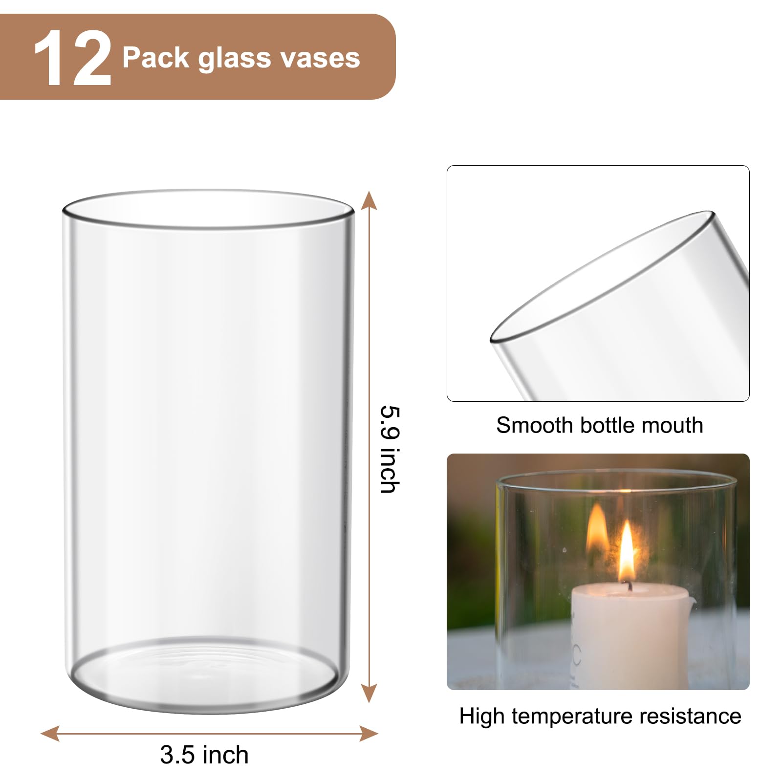12Pcs Glass Cylinder Vases for Wedding Centerpieces - 6 Inch Tall Clear Flower Vases for Table Decor, Bulk Hurricane Candle Holders, Party & Home Decor - Perfect for Weddings, Events, and Shelf Displays