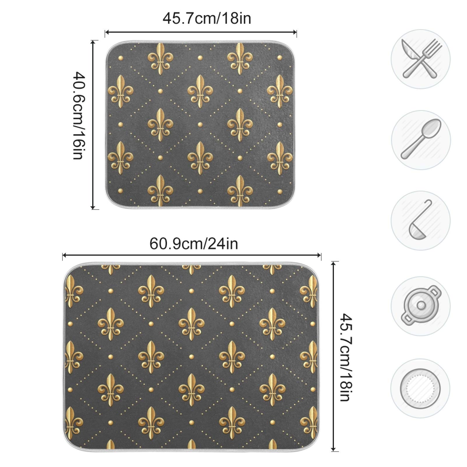 Susiyo Super Absorbent Microfiber Dish Drying Mat - 18x24 Inch Heat-Resistant Kitchen Counter Pad with Golden Fleur Lis Design | Perfect for Drying Dishes, Protecting Countertops & Organizing Kitchen