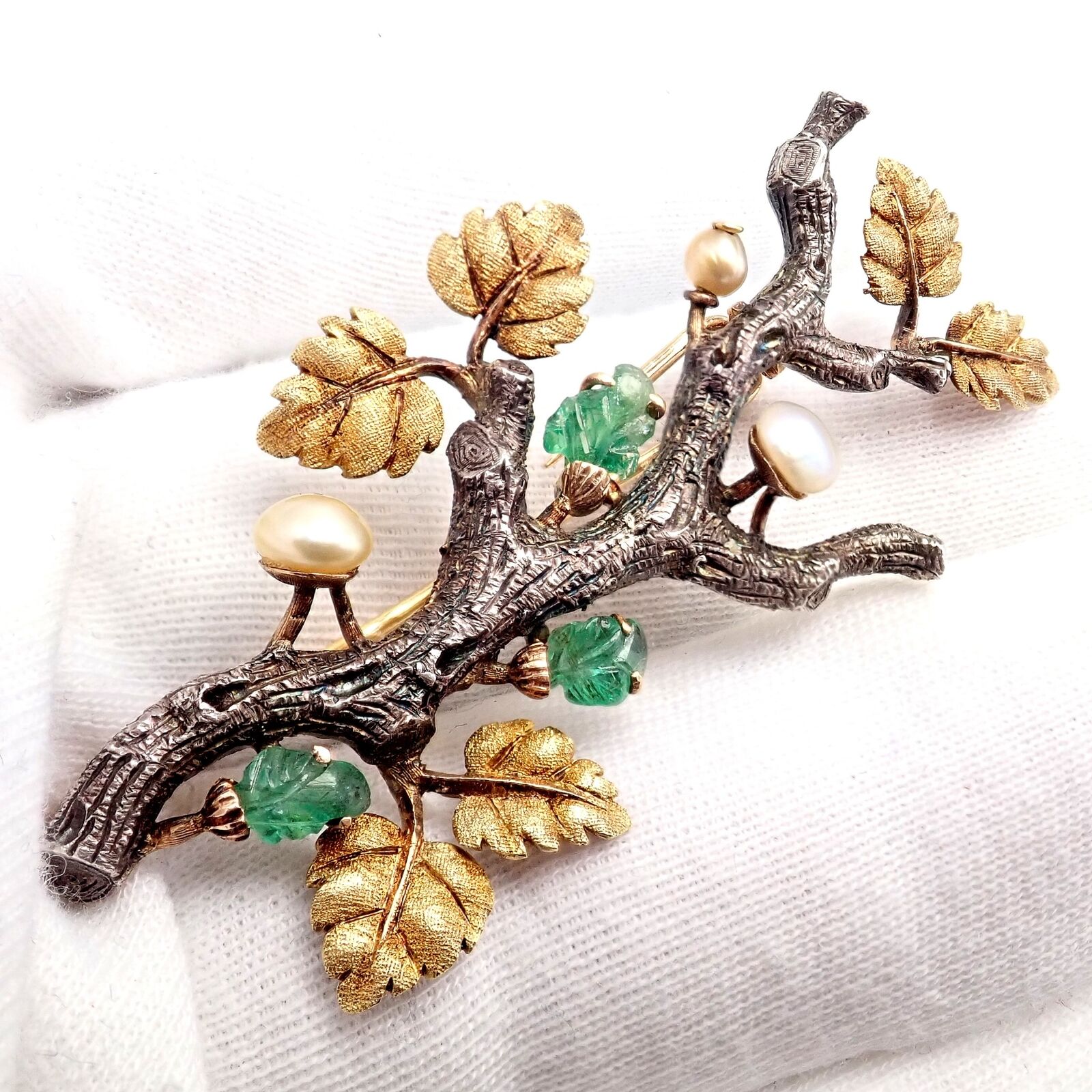 Vintage Buccellati 18K White & Yellow Gold Carved Emerald Branch Brooch Pin - Elegant Jewelry for Women, Perfect for Weddings, Parties & Special Occasions