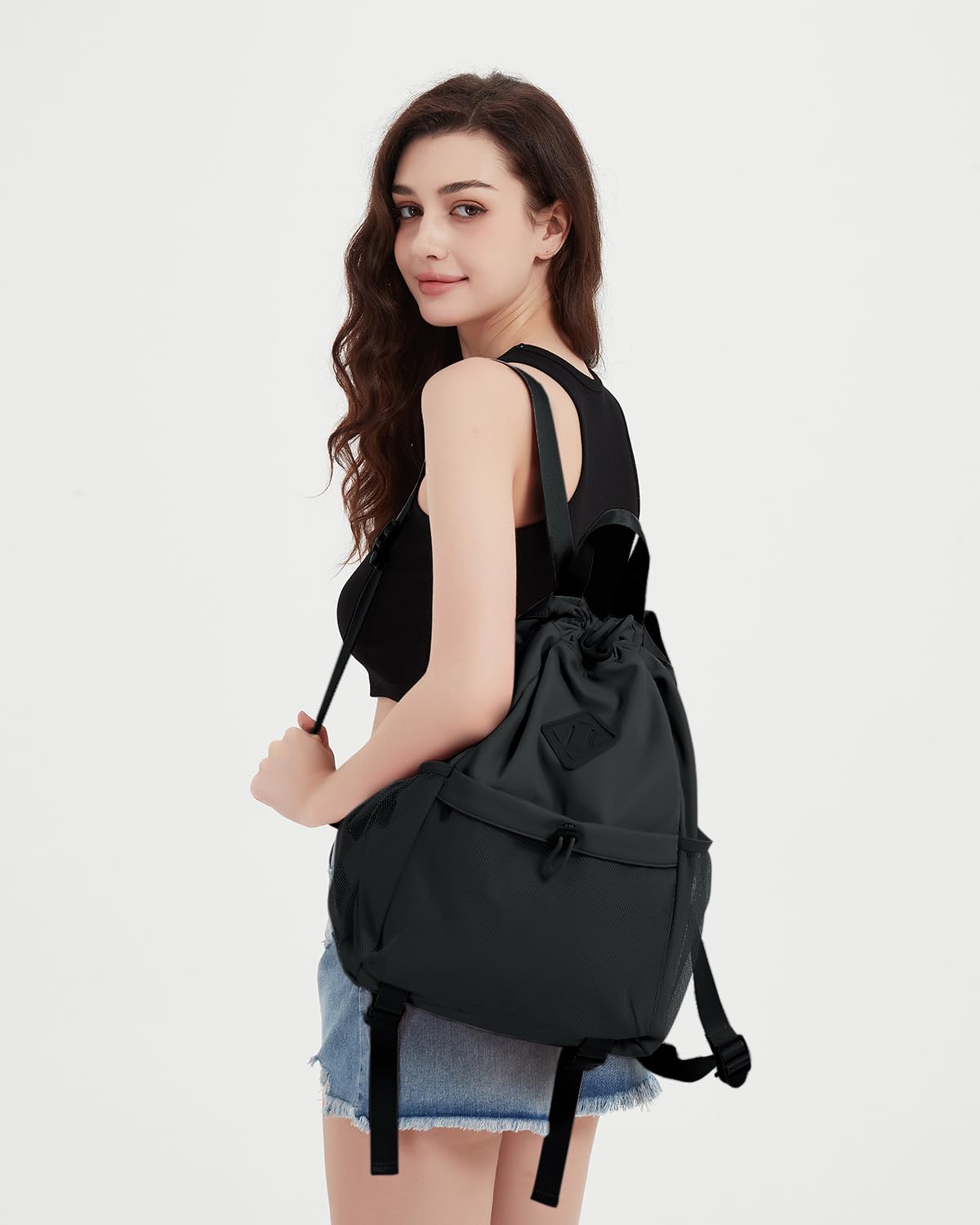 **WANDF Drawstring Backpack - Lightweight Water-Resistant Sports Gym Bag with Yoga Mat Strap & Mesh Pocket for Men & Women - Perfect for Yoga, Gym, Travel & Outdoor Activities (Black, Patent Pending)**