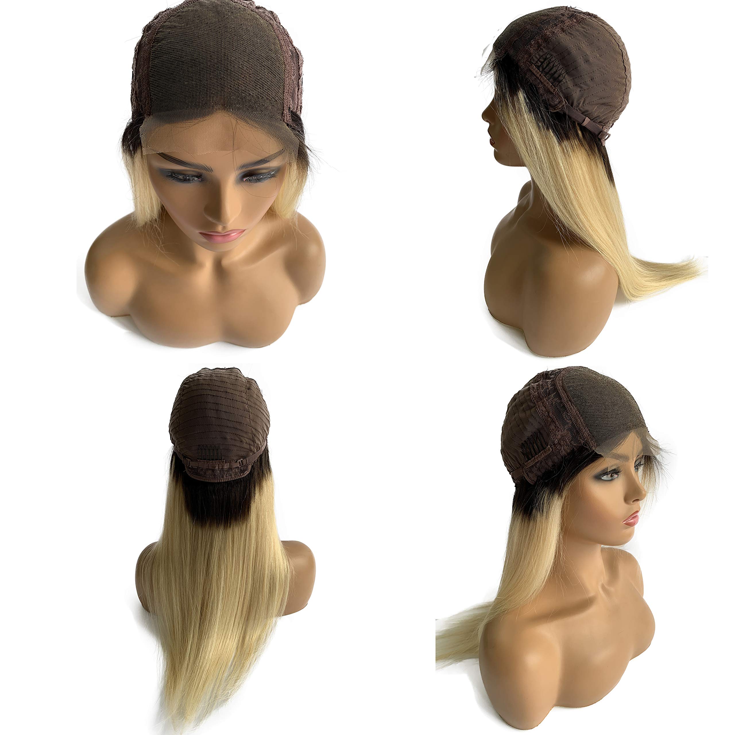 Ombre Blonde Lace Front Wigs 4x4 Closure Brazilian Human Hair #1B/613 Black Roots Remy Hair Wig - Bleached Knots, Pre-Plucked Hairline, 20