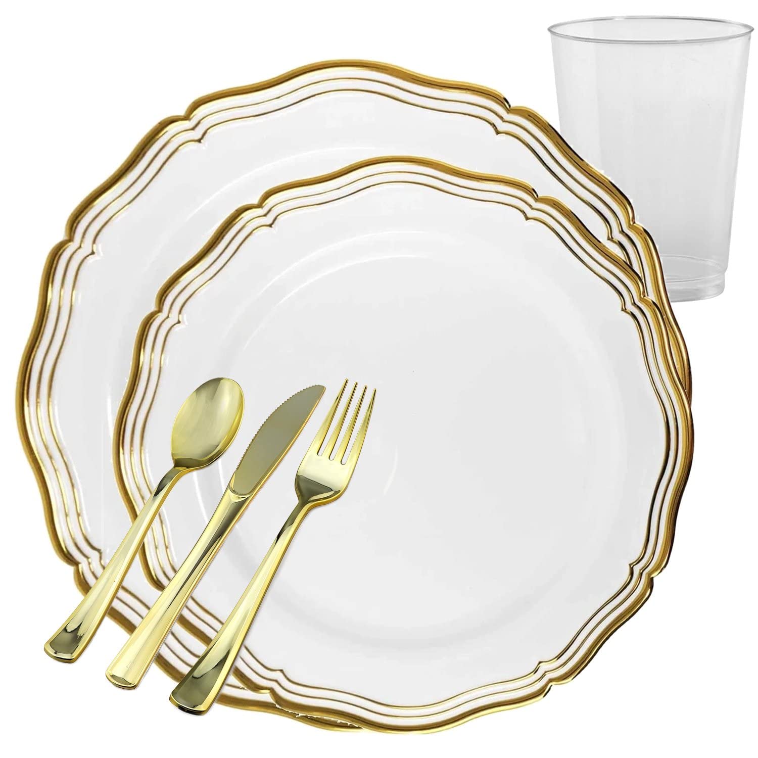 Premium Disposable Plastic Dinnerware Set - Elegant Gold Cutlery, Plates, Cups for 10 Guests | Perfect for Weddings, Parties, Catering & Special Events