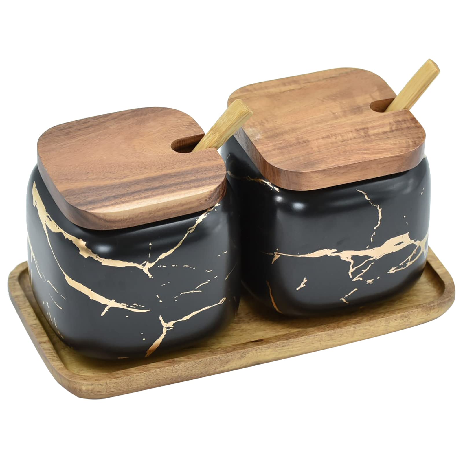 2-Piece Marble Ceramic Seasoning Jars Set with Wooden Lids, Spoon & Tray - Salt, Sugar & Spice Storage Containers - Perfect for Kitchen Countertop & Dining Table Organization (Black)