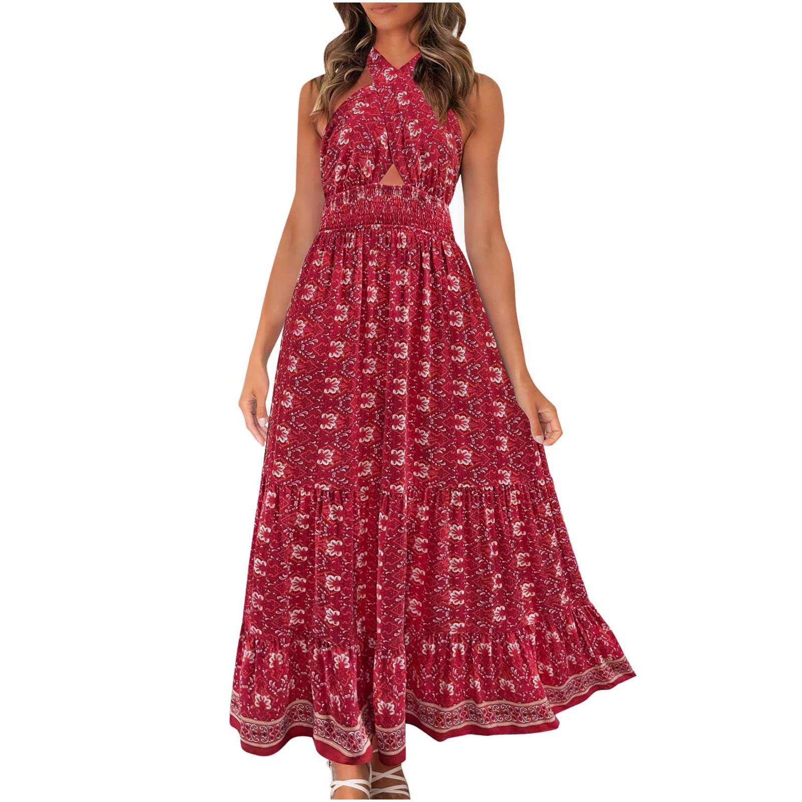 PATLOLLAV Women's Sexy Hollow Halter Neck Maxi Dress - Floral Print Sleeveless Long Swing Dress for Beach Vacation & Summer Outings | Perfect for Pool Parties, Tropical Getaways and Date Nights
