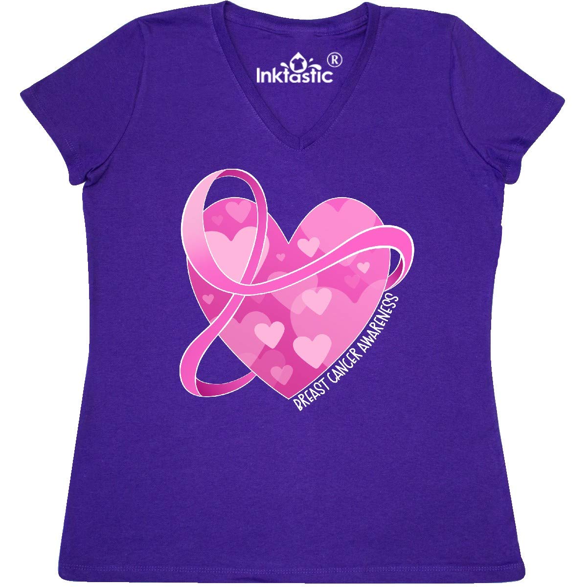 Inktastic Women's V-Neck T-Shirt with Pink Ribbon - Breast Cancer Awareness Shirt for Women - Comfortable & Stylish Support Tee for Survivors, Fundraisers & Awareness Events