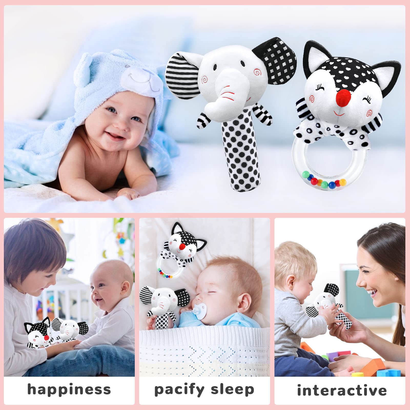 High Contrast Black & White Baby Rattles & Plush Toys for Newborns 0-3 Months - Sensory Development & Early Learning Infant Toys for Crib, Stroller & Playtime