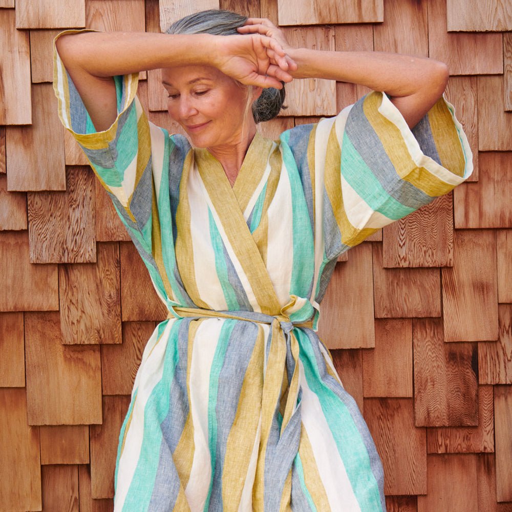 Lagoon Stripe Linen Robe for Women - Lightweight Summer Beach Cover Up, Spa Bathrobe, Poolside Lounging & Vacation Essentials