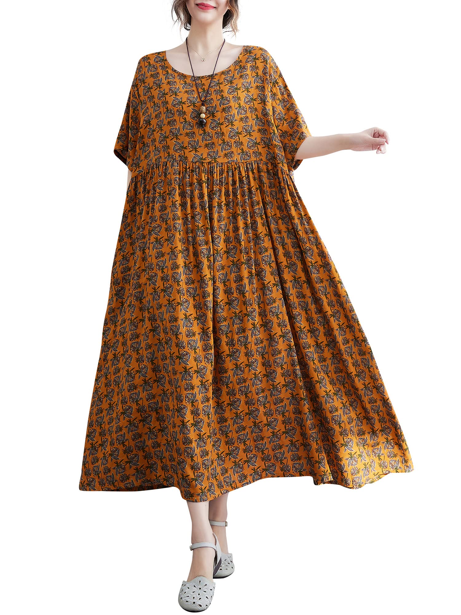 Versear Boho Floral Swing Maxi Dress for Women - Oversized Pleated Summer Dress with Pockets | Perfect for Beach Vacation, Music Festivals & Boho Chic Outfits